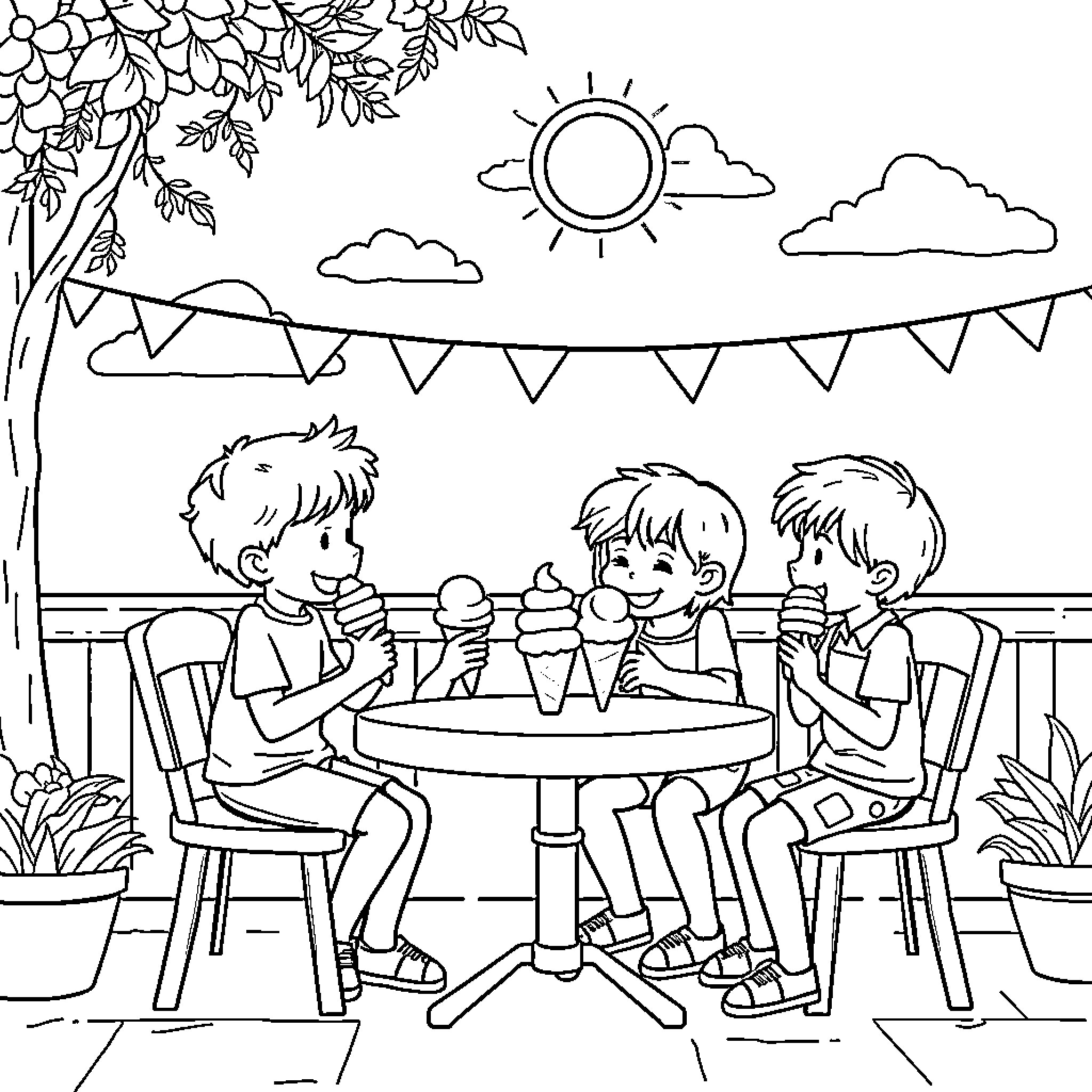 Stray Kids Enjoying Ice Cream in the Park Coloring Page (free black-and-white line drawing printable PDF for all, from beginners to advanced learners, including children, teens, adults, and seniors)
