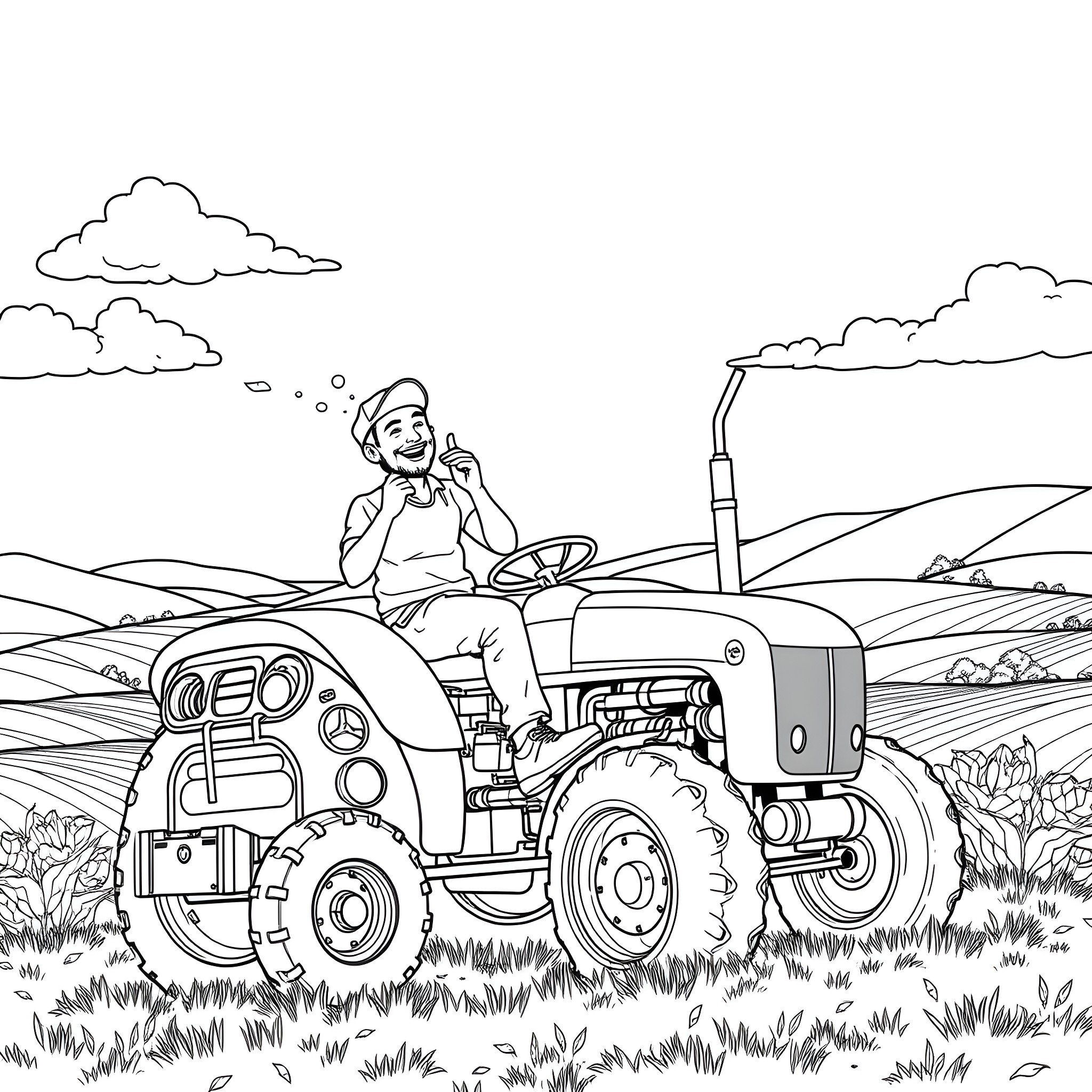 Man driving tractor in rural countryside landscape Coloring Page (free black-and-white line drawing printable PDF for all, from beginners to advanced learners, including children, teens, adults, and seniors)