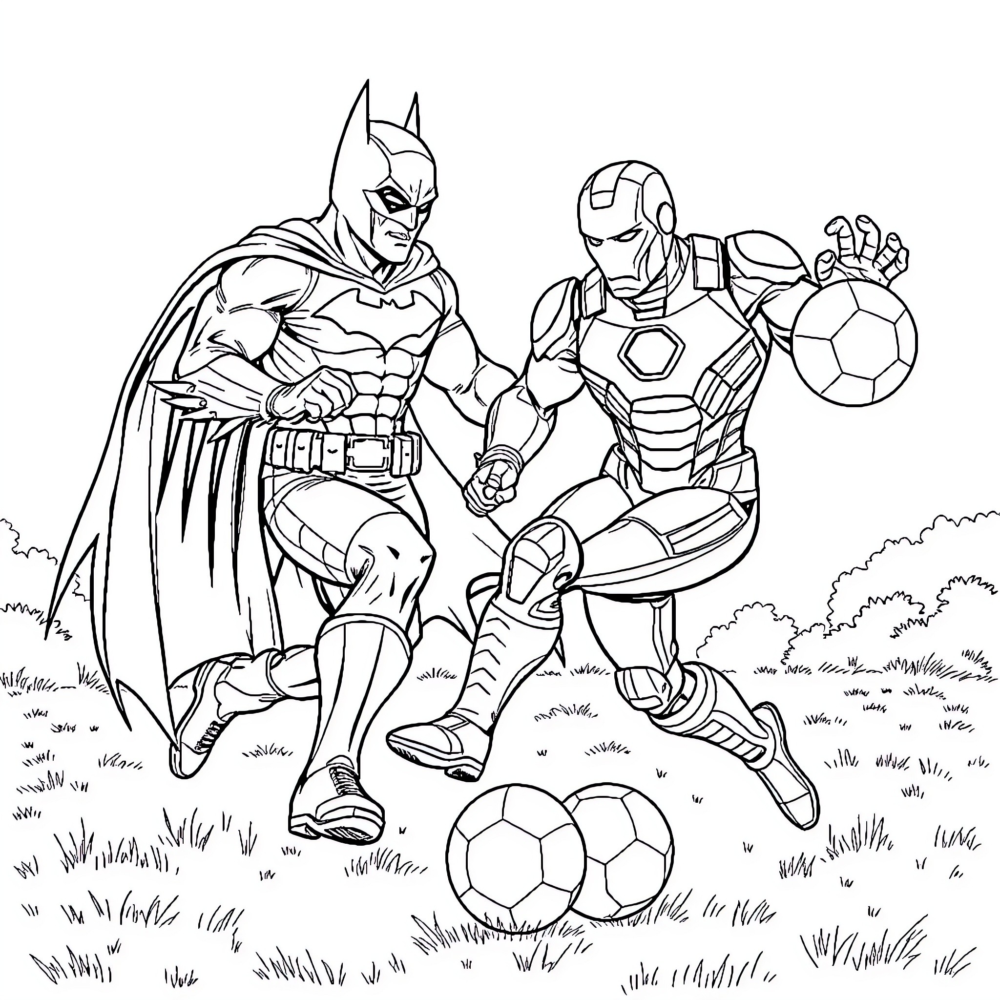 Batman and Iron Man play football in the park Coloring Page (free black-and-white line drawing printable PDF for all, from beginners to advanced learners, including children, teens, adults, and seniors)
