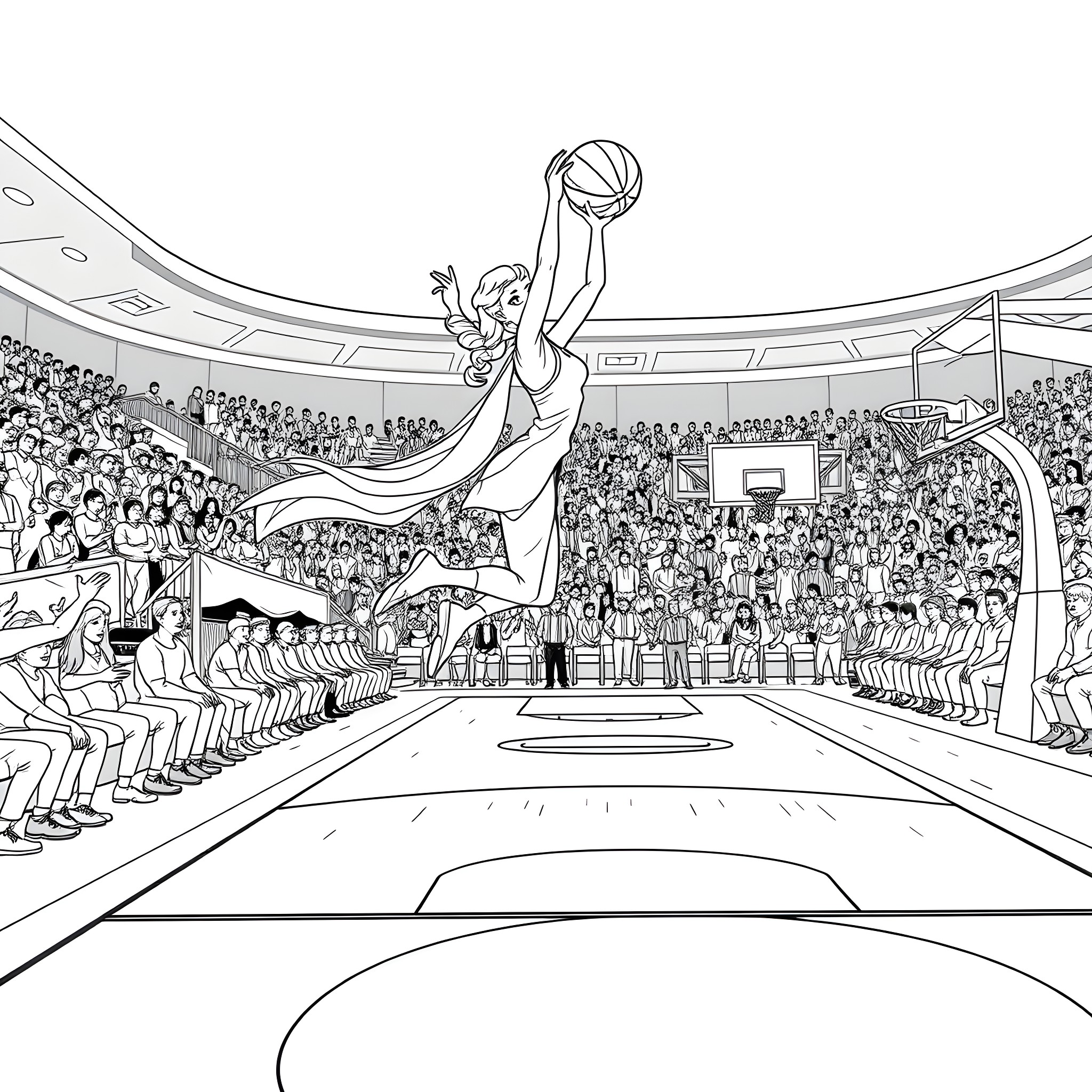 Elsa competing in basketball championship game Coloring Page (free black-and-white line drawing printable PDF for all, from beginners to advanced learners, including children, teens, adults, and seniors)