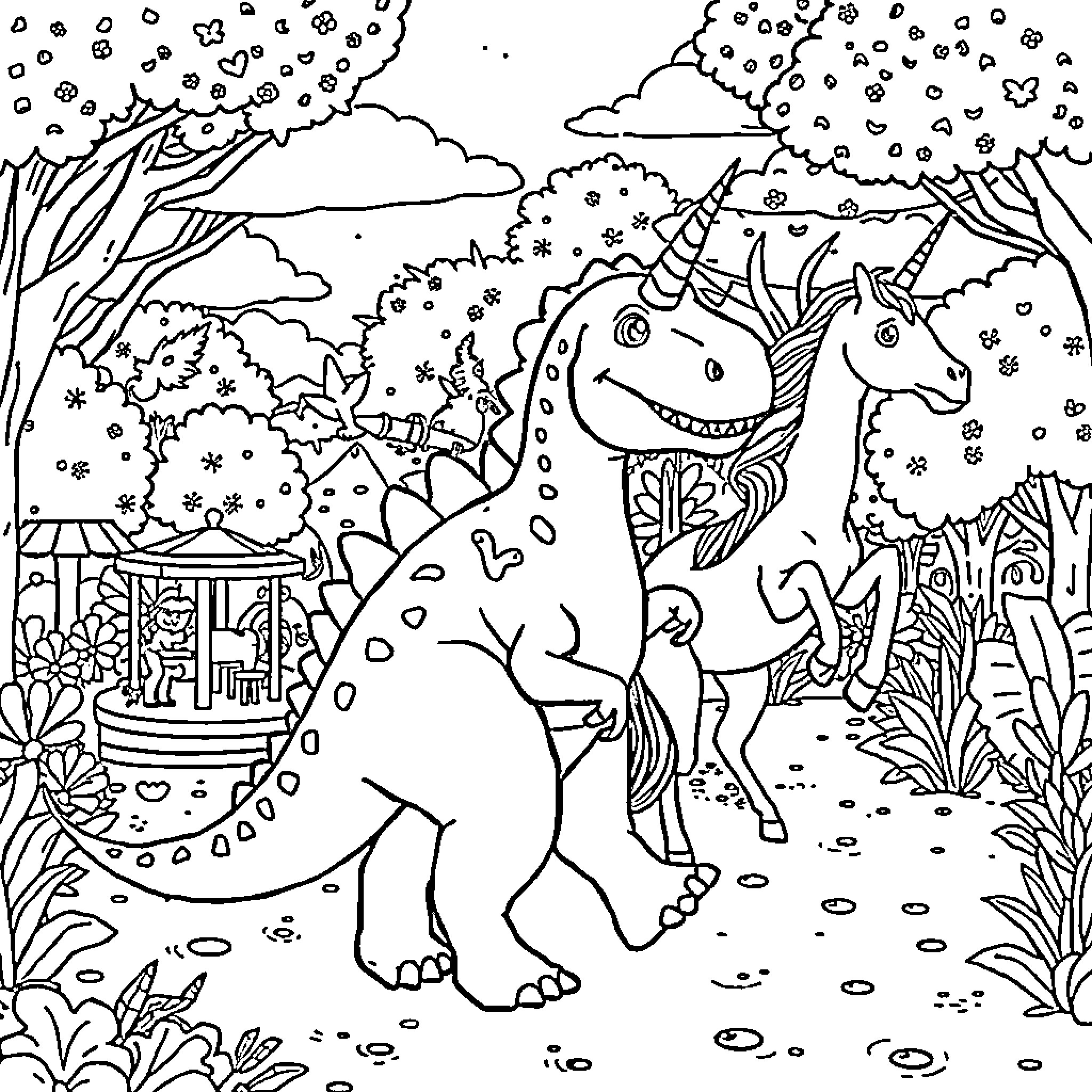 Dinosaur Unicorns Frolicking in a Fantastical Forest Coloring Page (free black-and-white line drawing printable PDF for all, from beginners to advanced learners, including children, teens, adults, and seniors)