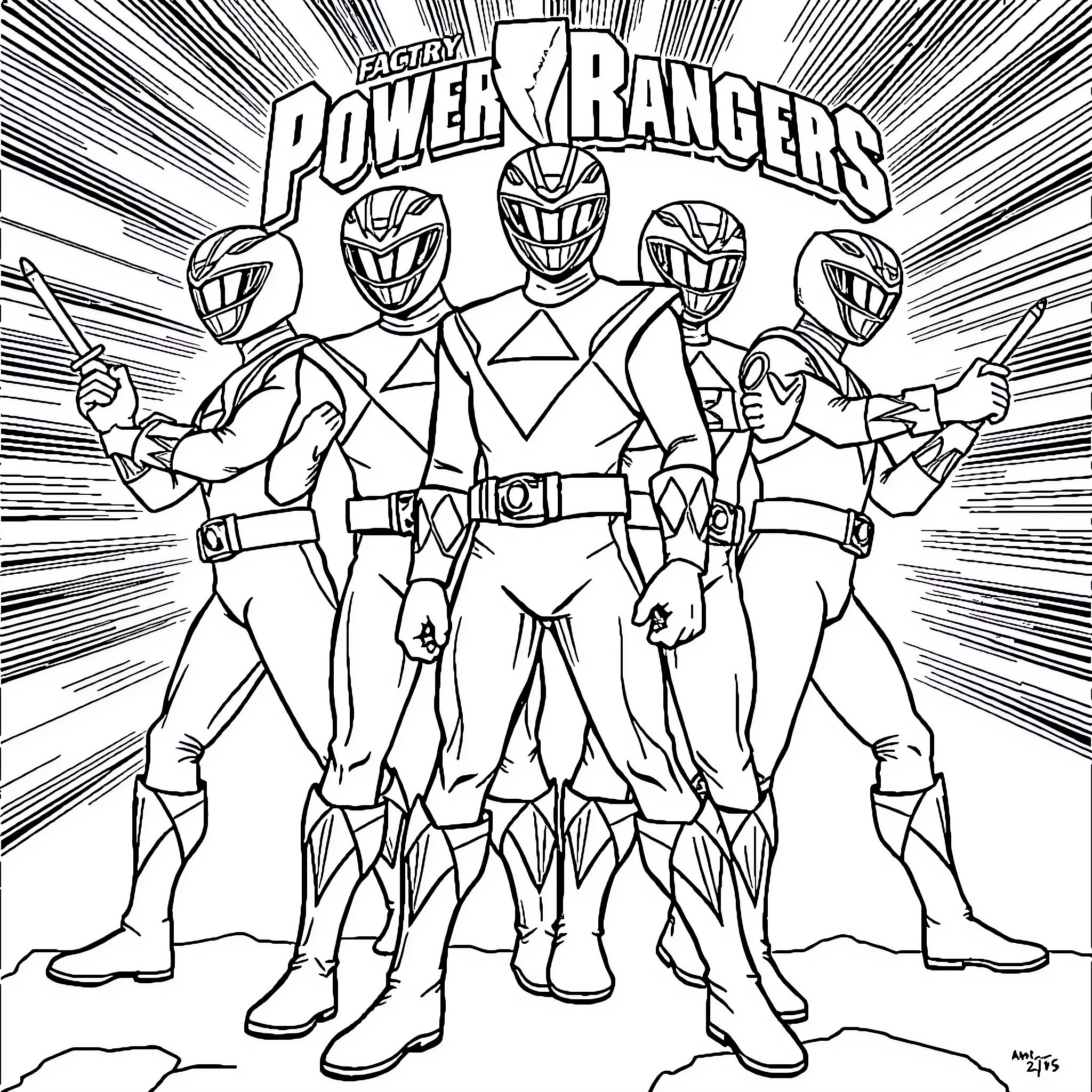 Power Rangers in Action-Packed Pose Coloring Page (free black-and-white line drawing printable PDF for all, from beginners to advanced learners, including children, teens, adults, and seniors)