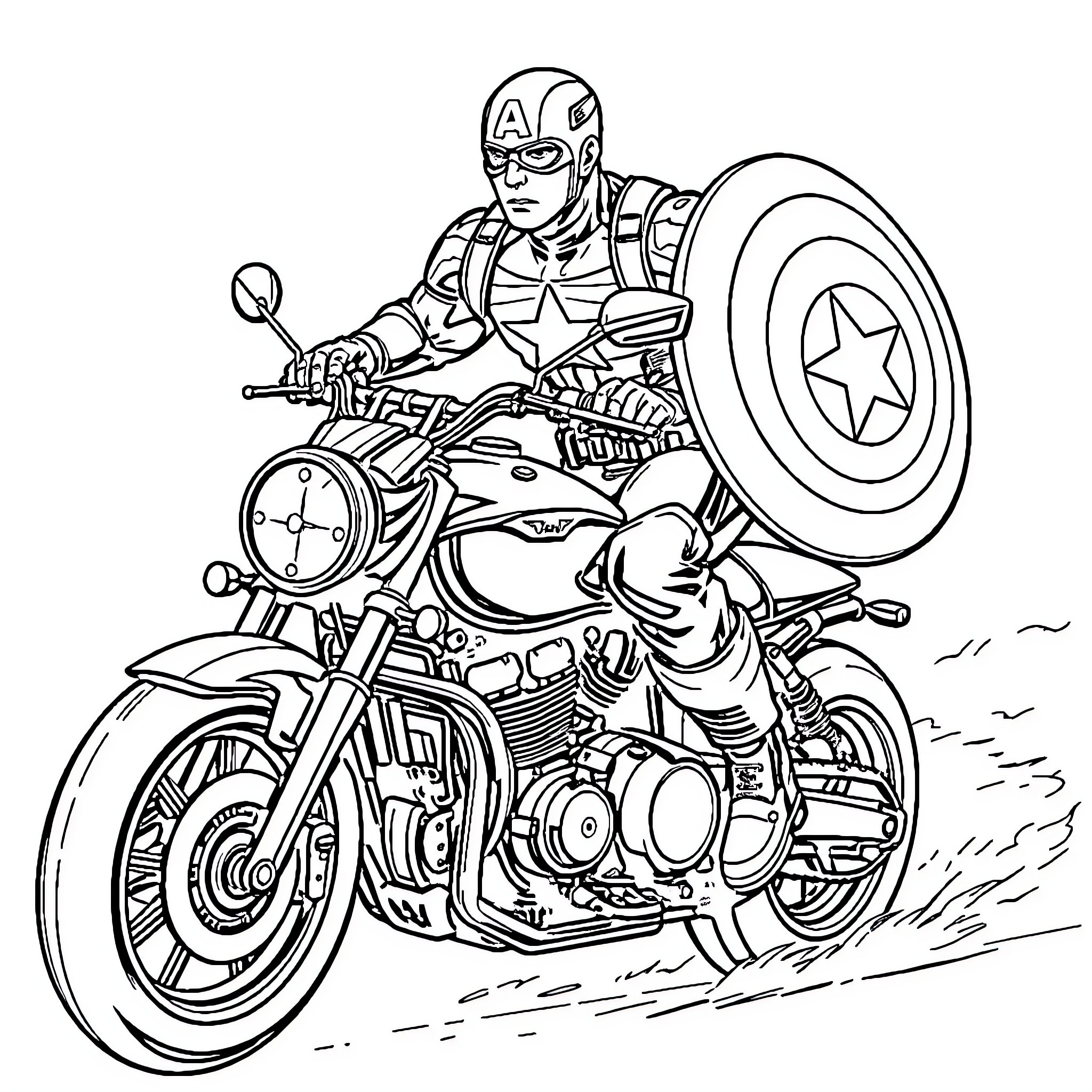 Captain America Riding a Motorcycle into Action Coloring Page (free black-and-white line drawing printable PDF for all, from beginners to advanced learners, including children, teens, adults, and seniors)