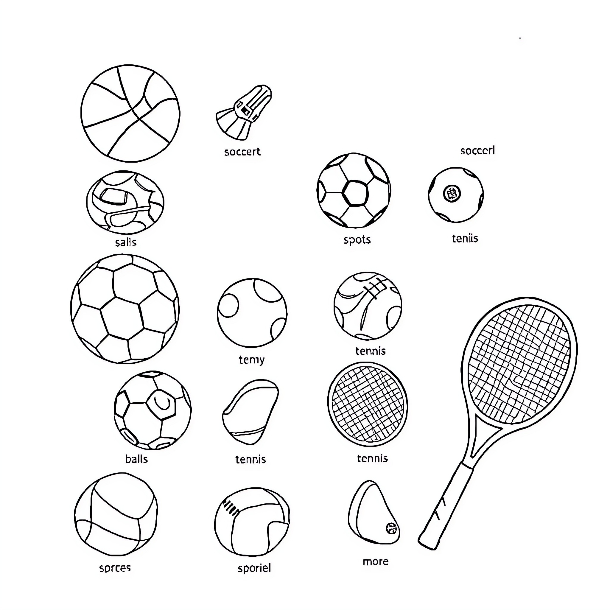 Sports Equipment and Accessories Coloring Page (free black-and-white line drawing printable PDF for all, from beginners to advanced learners, including children, teens, adults, and seniors)