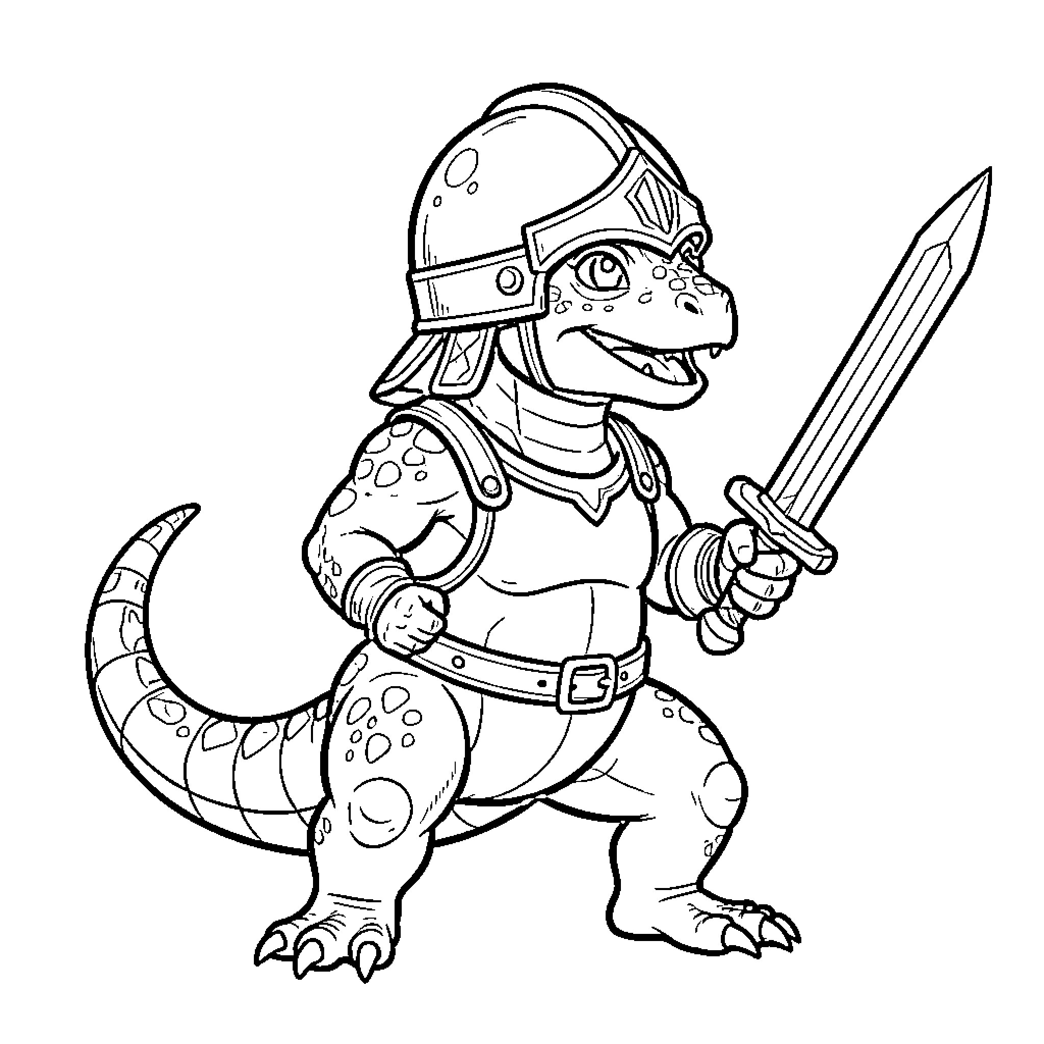 Lizard warrior wielding a sword Coloring Page (free black-and-white line drawing printable PDF for all, from beginners to advanced learners, including children, teens, adults, and seniors)