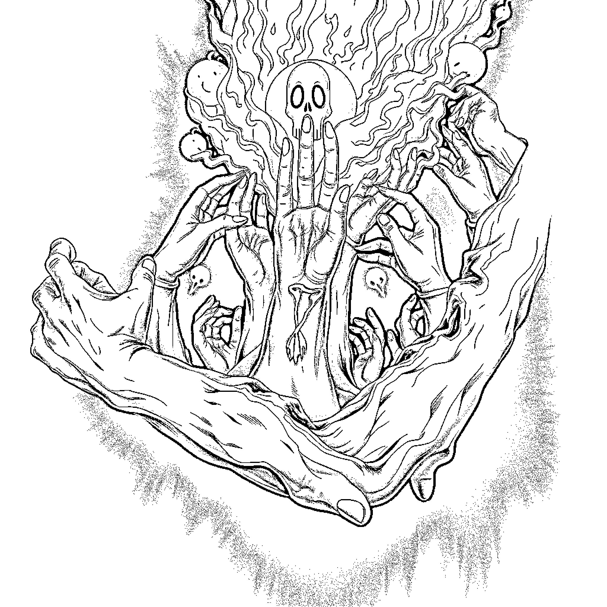 Tattoo of a Surreal Skeletal Figure Emerging from Flames Coloring Page (free black-and-white line drawing printable PDF for all, from beginners to advanced learners, including children, teens, adults, and seniors)