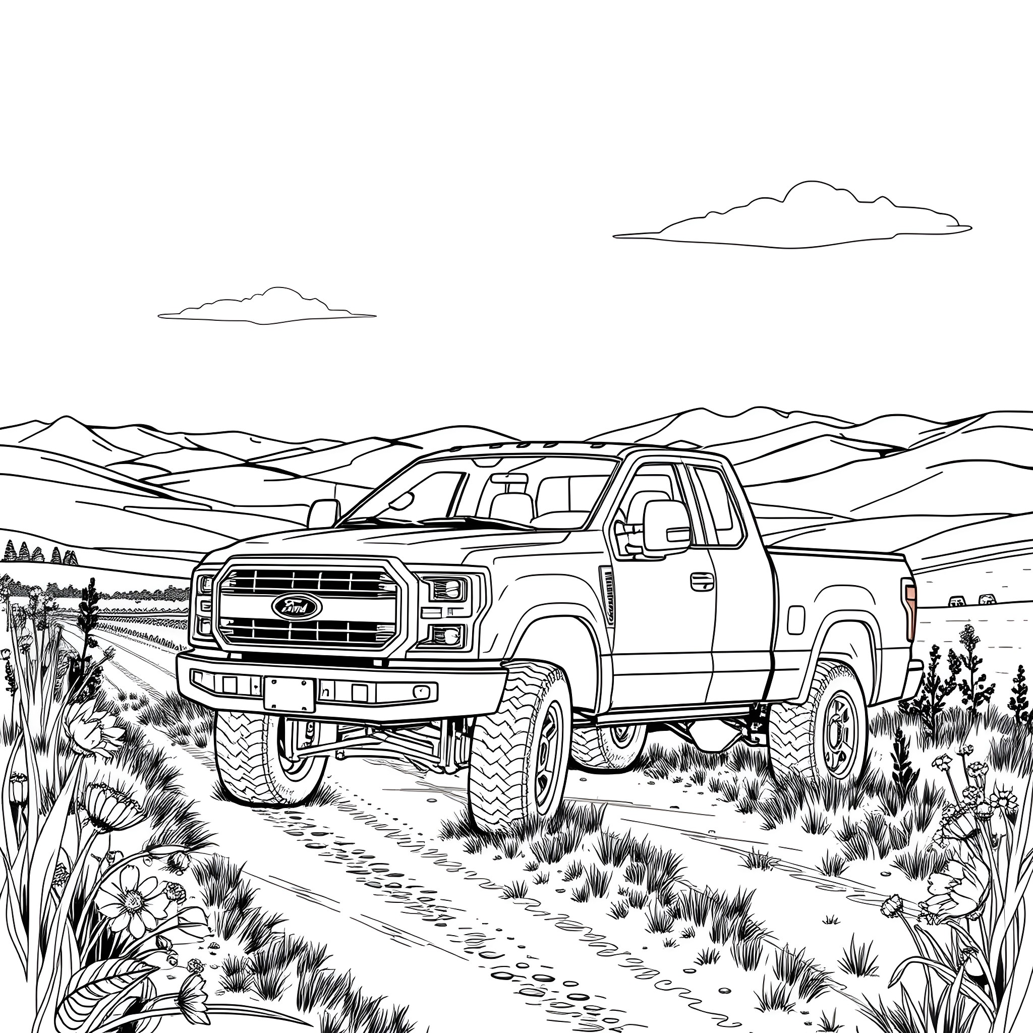 Pick Up Truck Driving Through Rugged Countryside Coloring Page (free black-and-white line drawing printable PDF for all, from beginners to advanced learners, including children, teens, adults, and seniors)