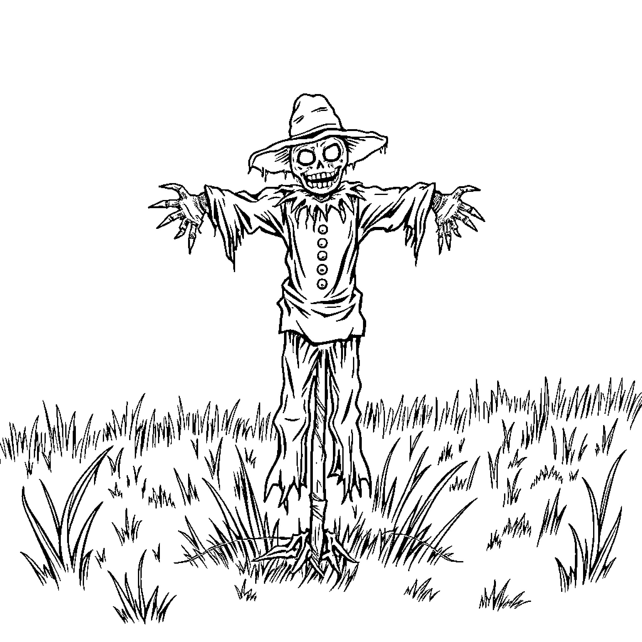 Scarecrow with Creepy Grin Stands in Grassy Field Coloring Page (free black-and-white line drawing printable PDF for all, from beginners to advanced learners, including children, teens, adults, and seniors)
