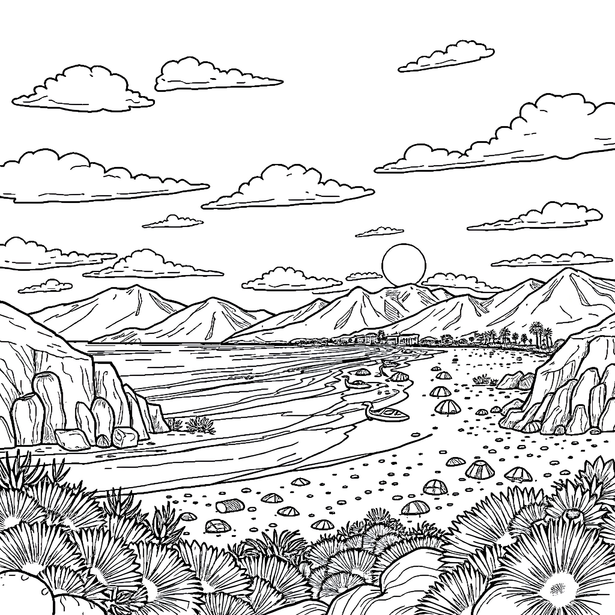 Norte Chico landscape of mountains and valleys Coloring Page (free black-and-white line drawing printable PDF for all, from beginners to advanced learners, including children, teens, adults, and seniors)