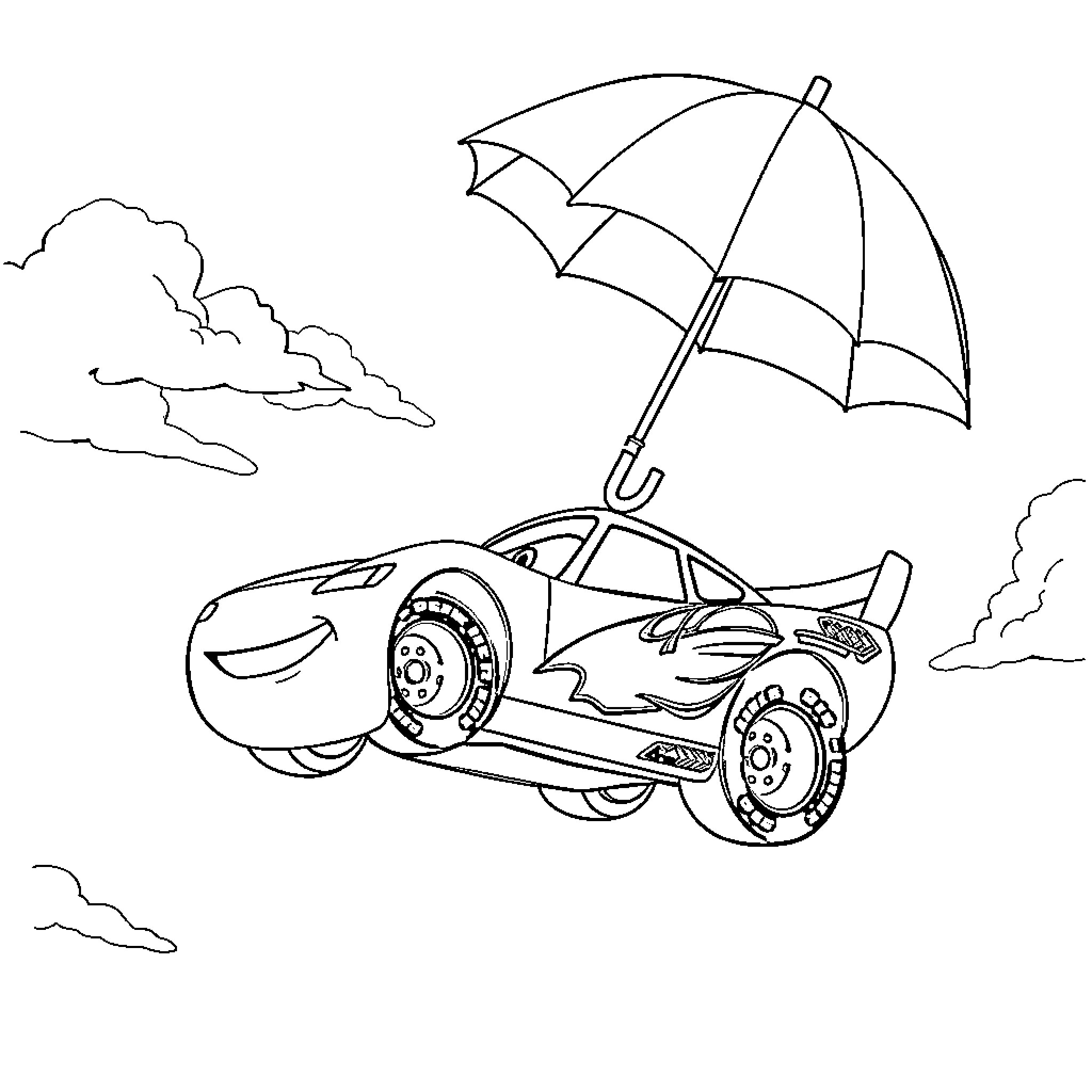 Lightning McQueen driving with umbrella in stormy weather Coloring Page (free black-and-white line drawing printable PDF for all, from beginners to advanced learners, including children, teens, adults, and seniors)