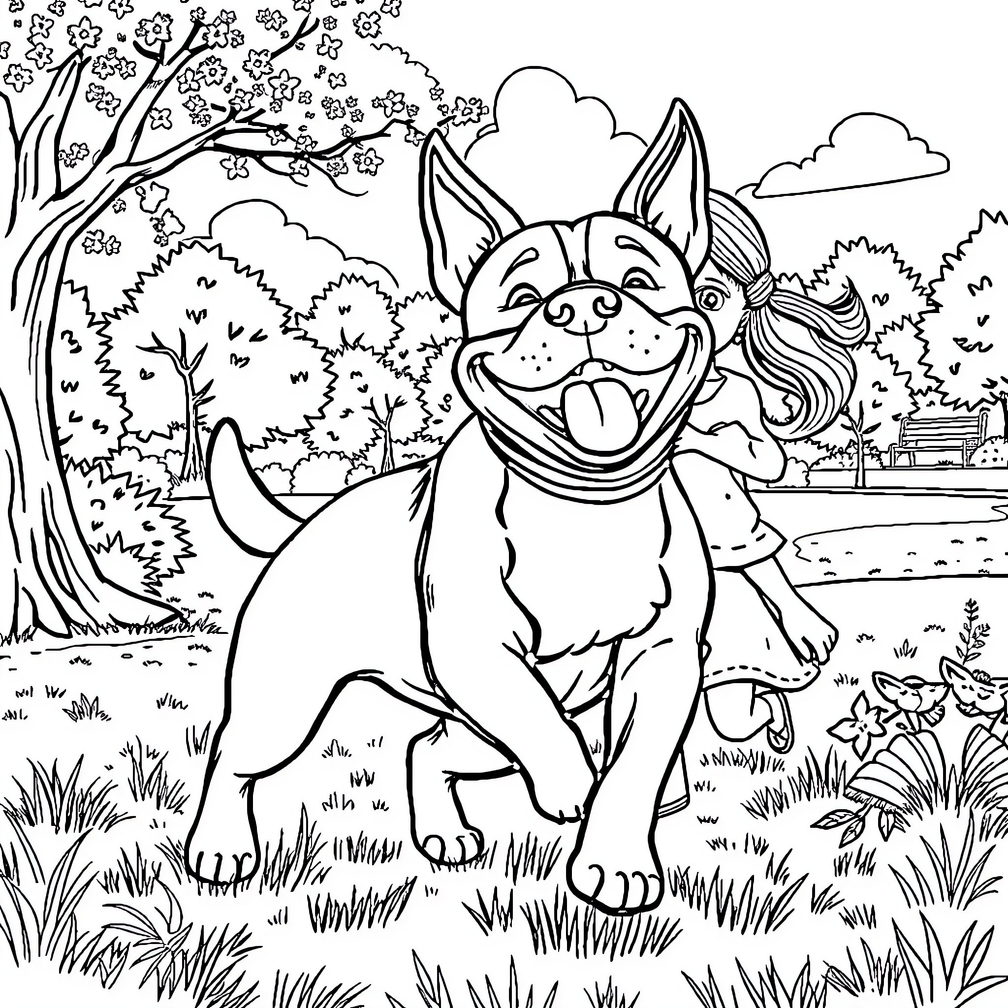 Staffy Enjoying a Playful Outdoor Adventure Coloring Page (free black-and-white line drawing printable PDF for all, from beginners to advanced learners, including children, teens, adults, and seniors)
