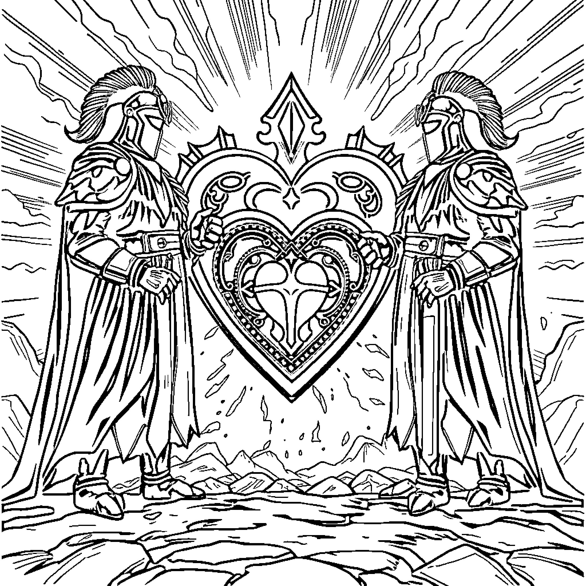 Guard Protectors of the Heart's Eternal Light Coloring Page (free black-and-white line drawing printable PDF for all, from beginners to advanced learners, including children, teens, adults, and seniors)