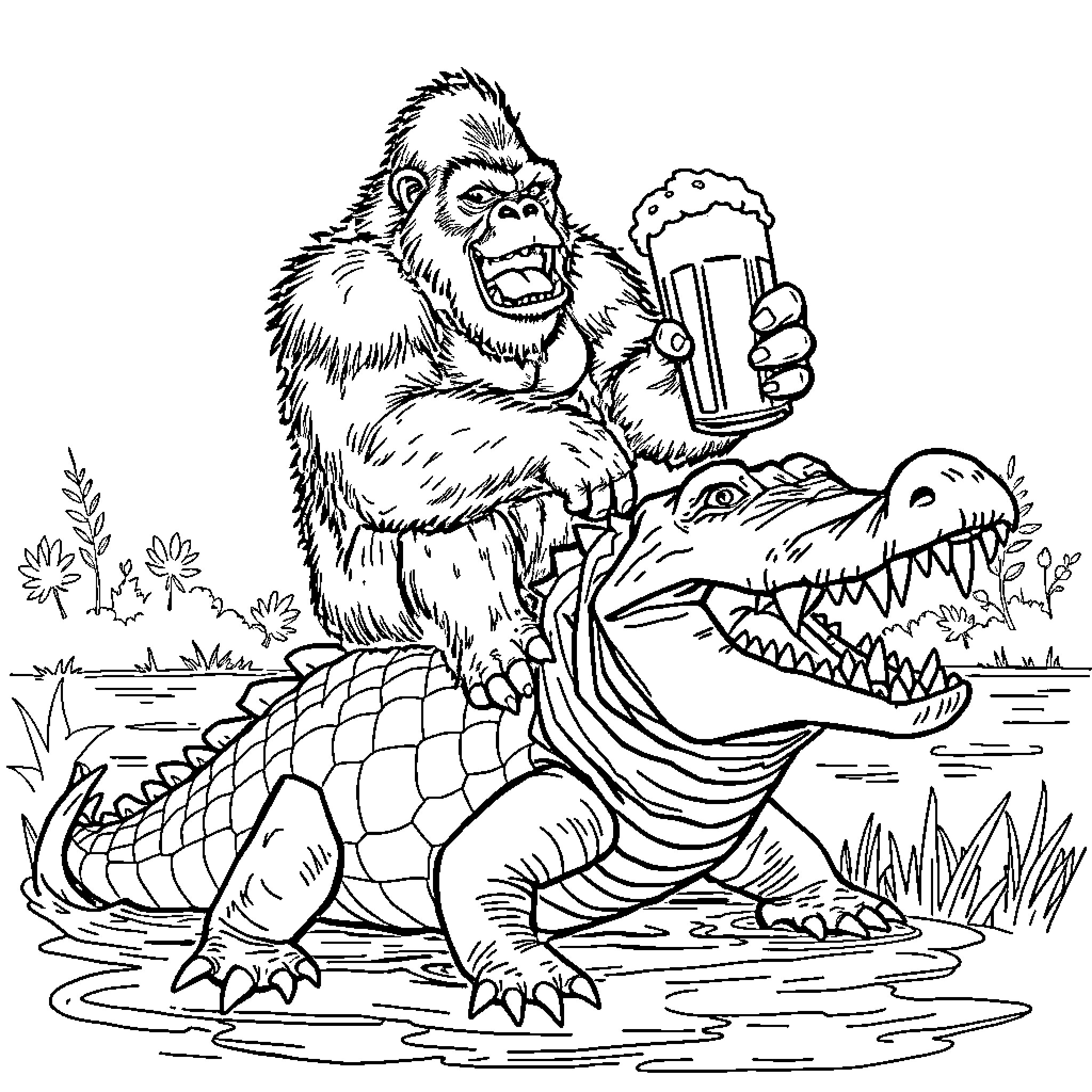 Silverback Gorilla Enjoying a Refreshing Beverage with Crocodile Companion Coloring Page (free black-and-white line drawing printable PDF for all, from beginners to advanced learners, including children, teens, adults, and seniors)