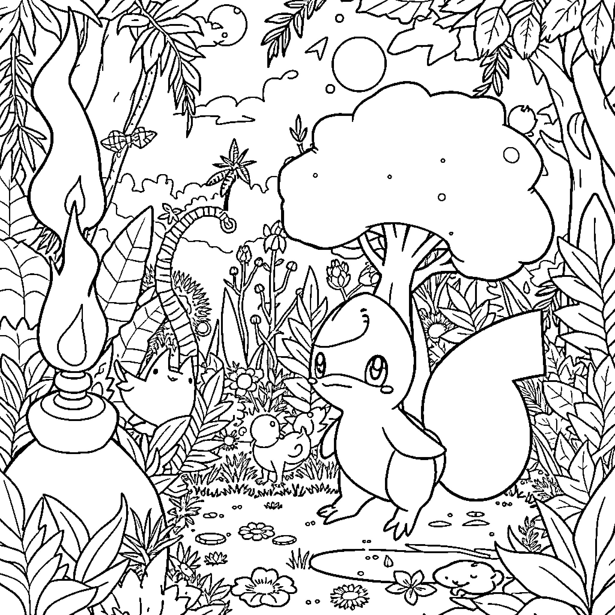 Mudkip exploring the enchanted forest Coloring Page (free black-and-white line drawing printable PDF for all, from beginners to advanced learners, including children, teens, adults, and seniors)