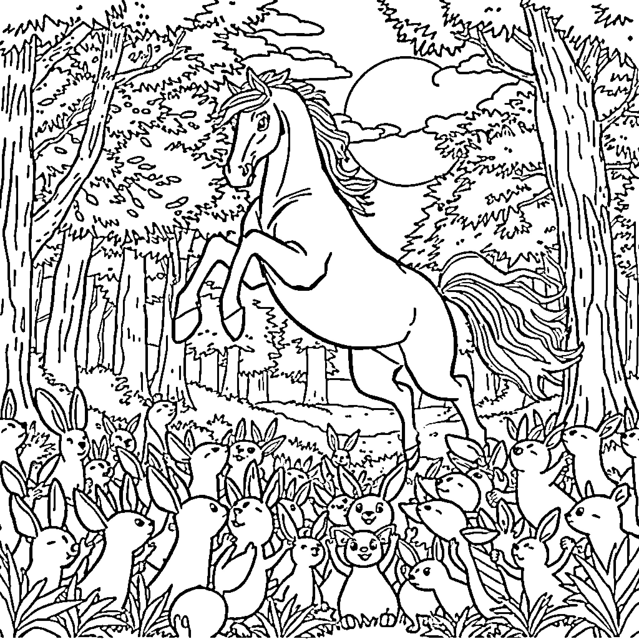 Horse galloping through enchanted forest Coloring Page (free black-and-white line drawing printable PDF for all, from beginners to advanced learners, including children, teens, adults, and seniors)