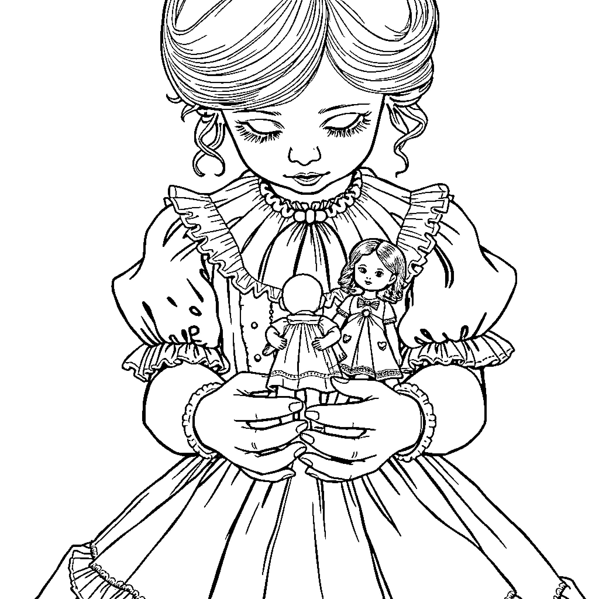 Girl holding a cherished doll with affection Coloring Page (free black-and-white line drawing printable PDF for all, from beginners to advanced learners, including children, teens, adults, and seniors)