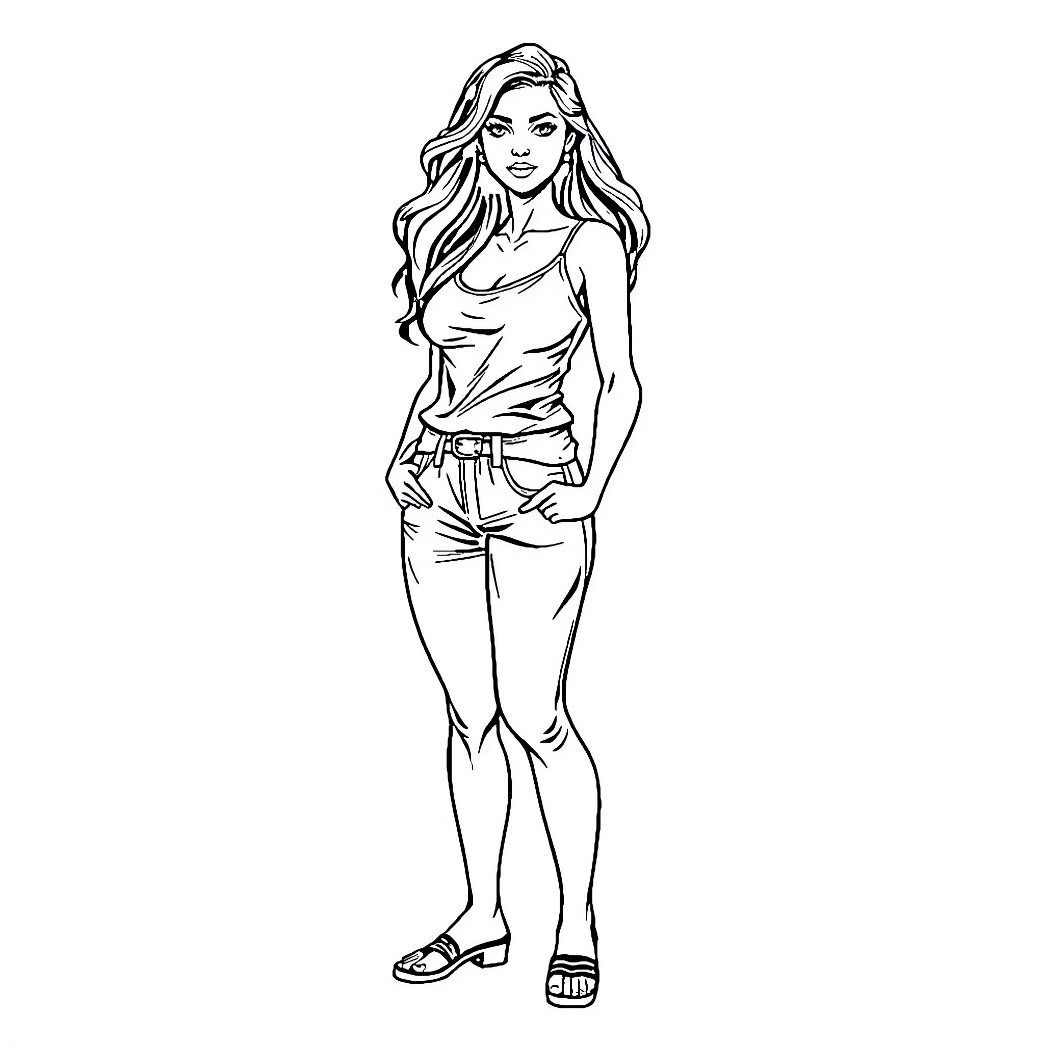Woman in casual outfit posing confidently Coloring Page (free black-and-white line drawing printable PDF for all, from beginners to advanced learners, including children, teens, adults, and seniors)