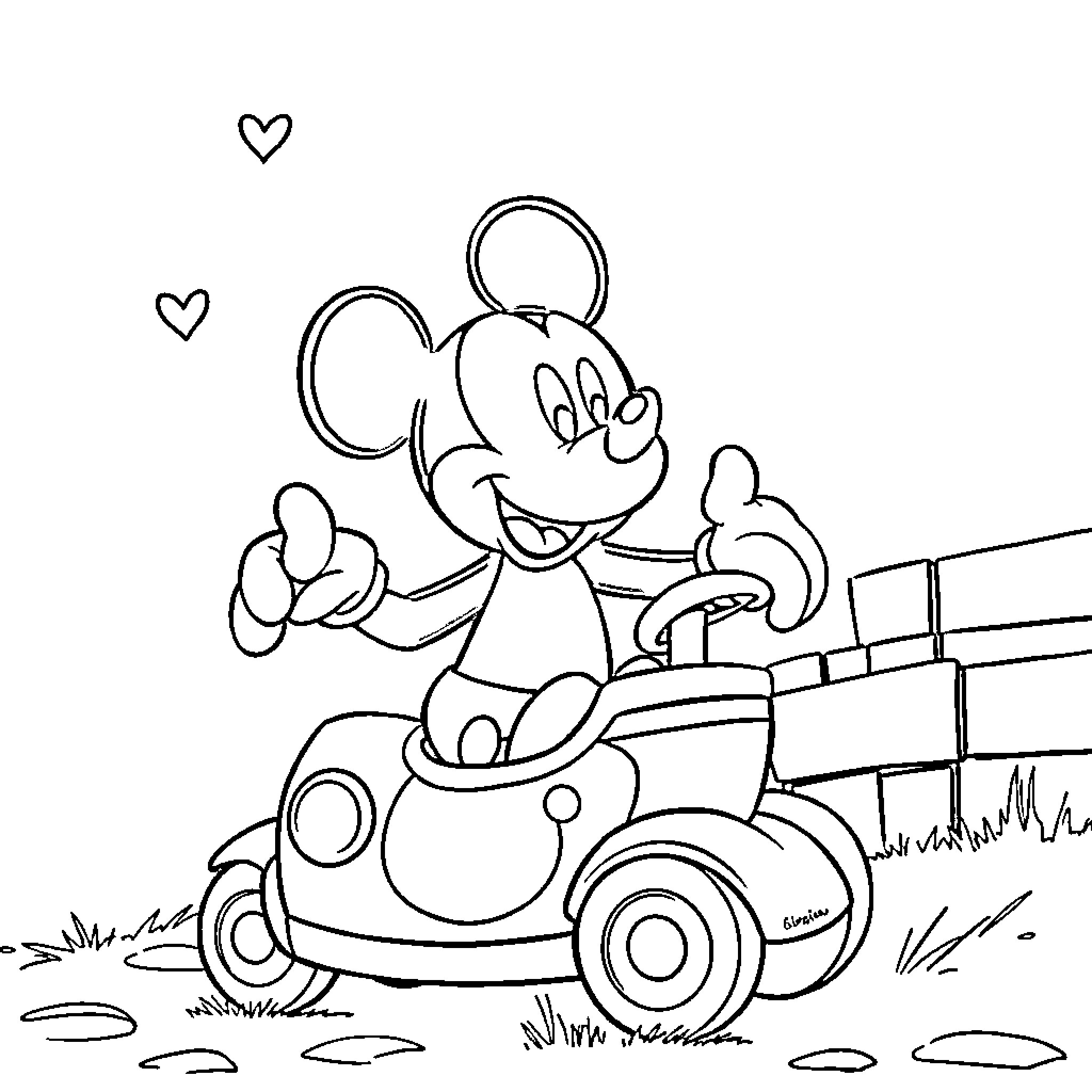 Mickey driving a whimsical car with joy Coloring Page (free black-and-white line drawing printable PDF for all, from beginners to advanced learners, including children, teens, adults, and seniors)