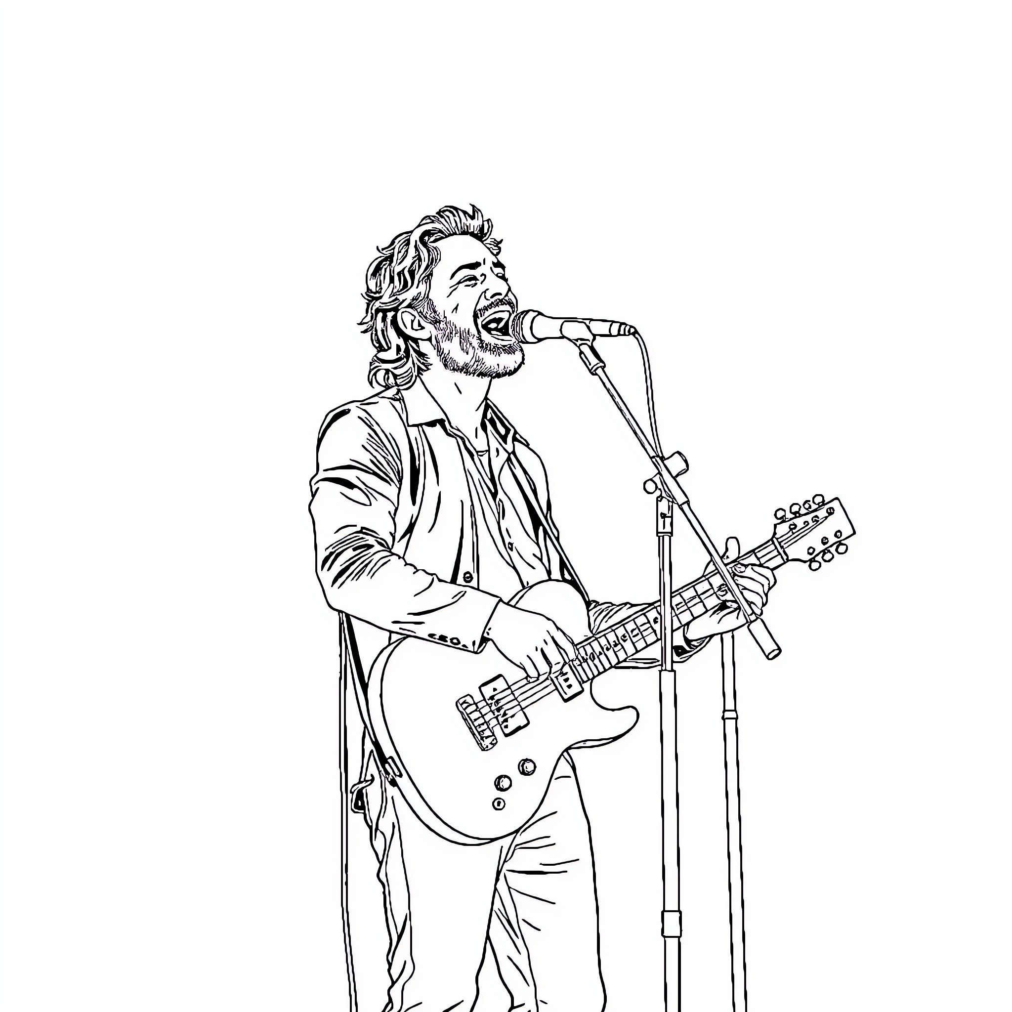 Hozier performing on stage with guitar and microphone Coloring Page (free black-and-white line drawing printable PDF for all, from beginners to advanced learners, including children, teens, adults, and seniors)
