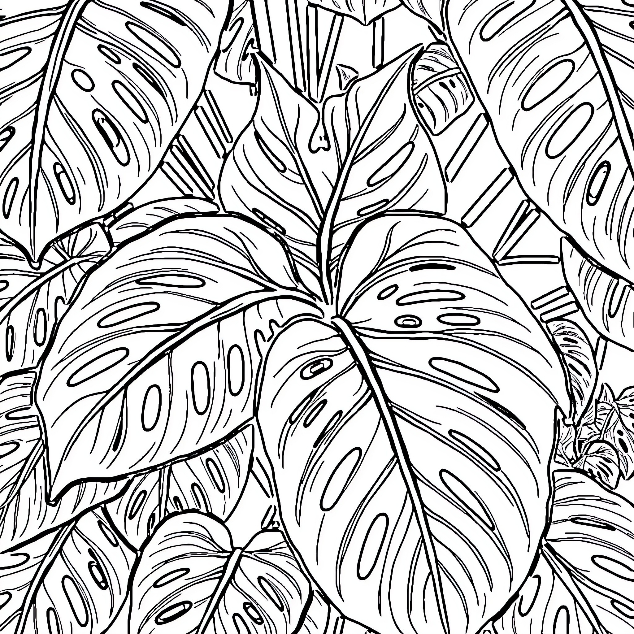 Monstera leaves in the lush tropical foliage Coloring Page (free black-and-white line drawing printable PDF for all, from beginners to advanced learners, including children, teens, adults, and seniors)