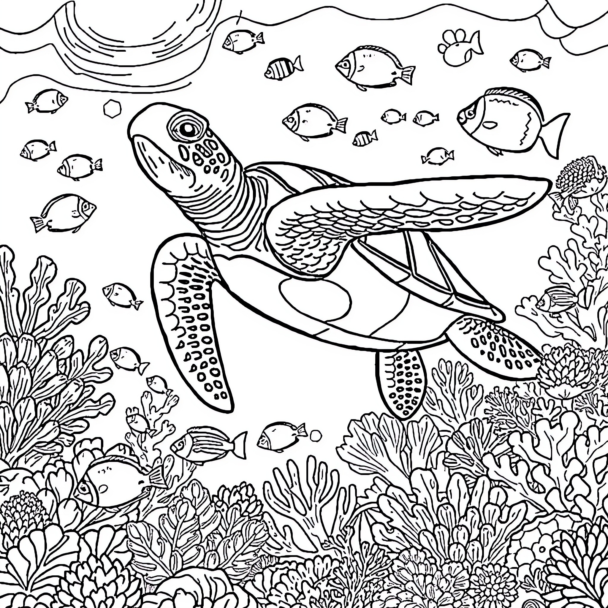 Sea Turtle swimming among vibrant marine life Coloring Page (free black-and-white line drawing printable PDF for all, from beginners to advanced learners, including children, teens, adults, and seniors)