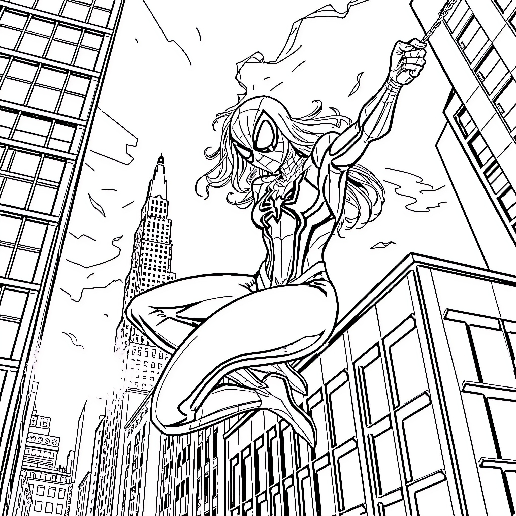 Spiderwoman swinging through the city skyline Coloring Page (free black-and-white line drawing printable PDF for all, from beginners to advanced learners, including children, teens, adults, and seniors)