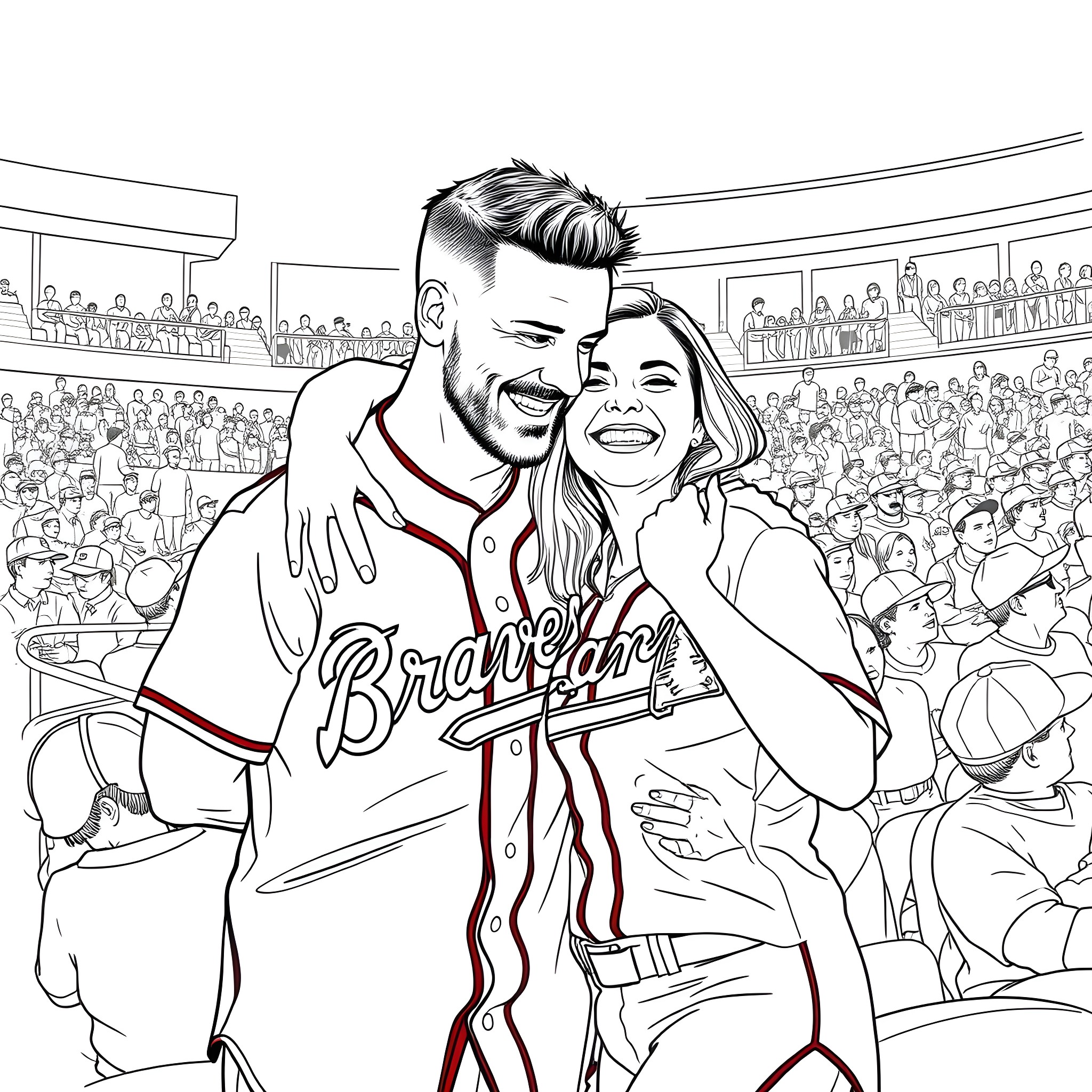 Husband and wife celebrating baseball victory together Coloring Page (free black-and-white line drawing printable PDF for all, from beginners to advanced learners, including children, teens, adults, and seniors)