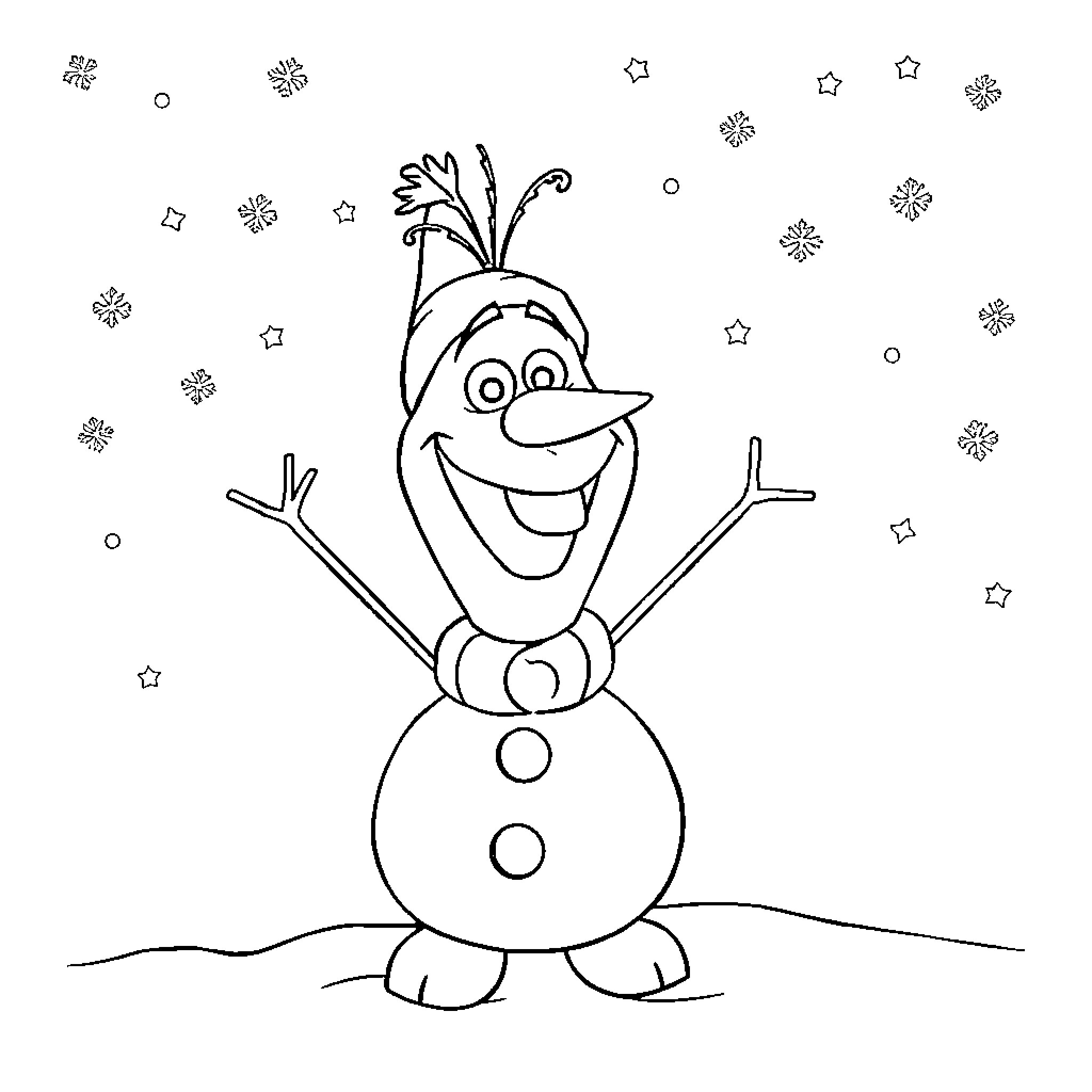 Olaf the cheerful snowman enjoying the winter Coloring Page (free black-and-white line drawing printable PDF for all, from beginners to advanced learners, including children, teens, adults, and seniors)