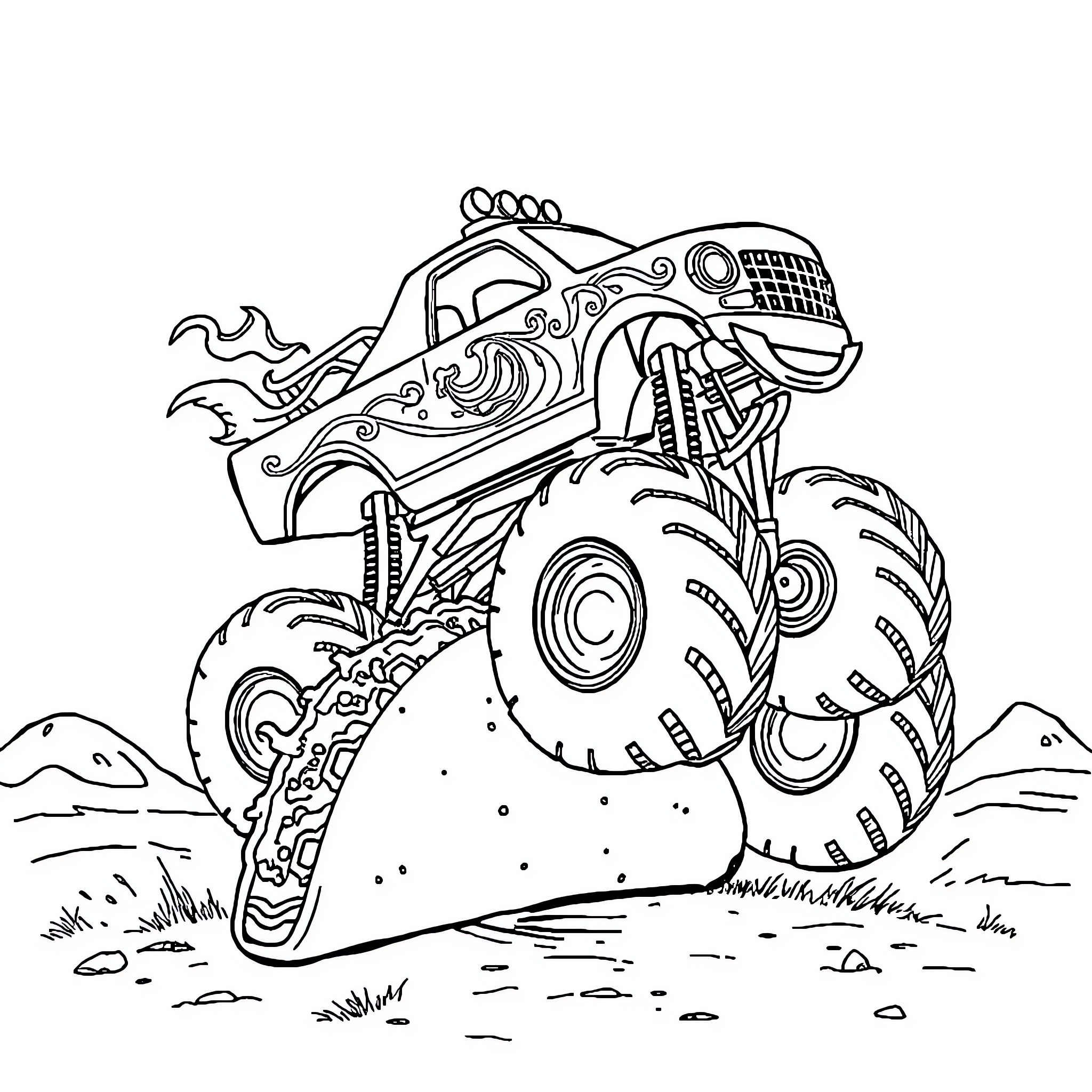 Toro Monster Truck Traversing Rugged Terrain Coloring Page (free black-and-white line drawing printable PDF for all, from beginners to advanced learners, including children, teens, adults, and seniors)
