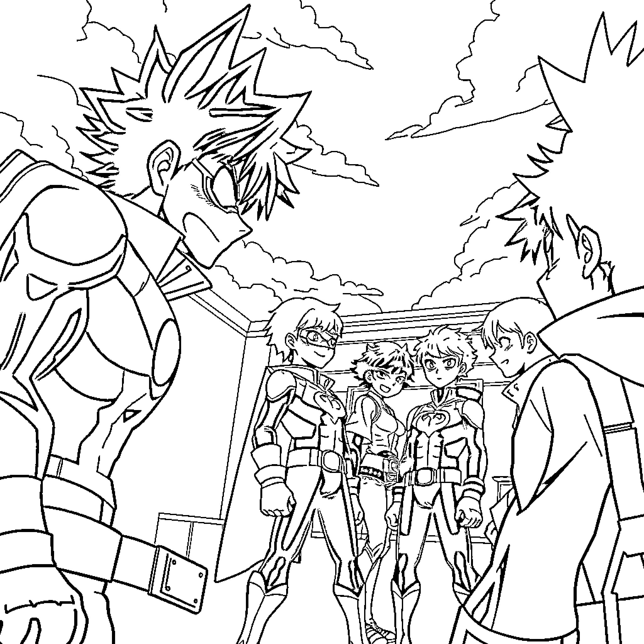 Mha: Heroic Team Facing Daunting Challenges Coloring Page (free black-and-white line drawing printable PDF for all, from beginners to advanced learners, including children, teens, adults, and seniors)