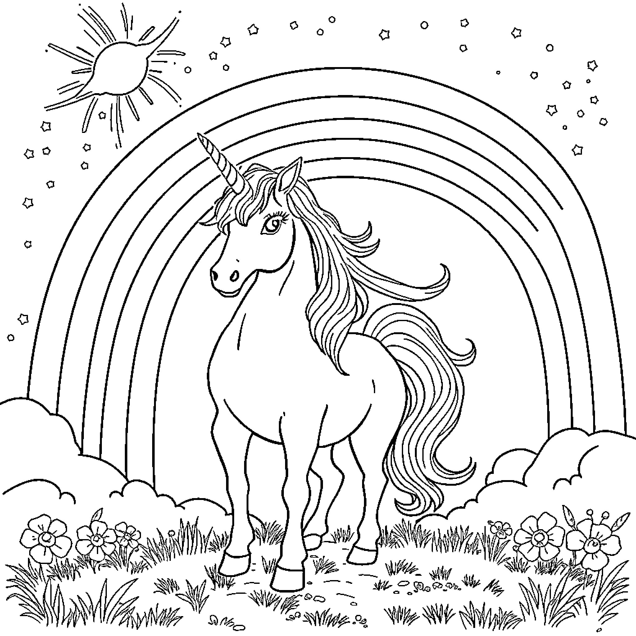 Unicorn standing in a magical meadow Coloring Page (free black-and-white line drawing printable PDF for all, from beginners to advanced learners, including children, teens, adults, and seniors)