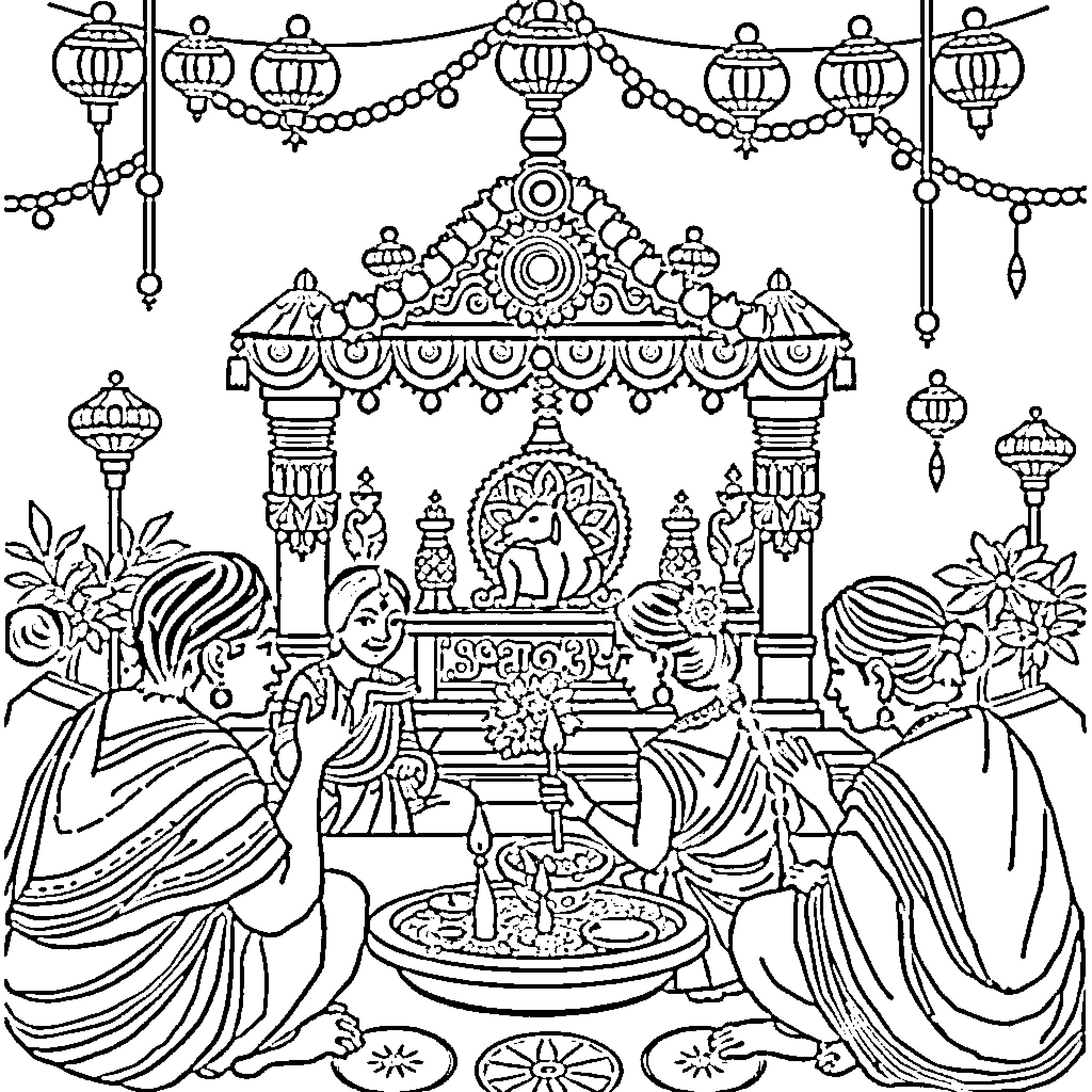 Chatth Puja: Devotees Worshiping at Ornate Temple Coloring Page (free black-and-white line drawing printable PDF for all, from beginners to advanced learners, including children, teens, adults, and seniors)