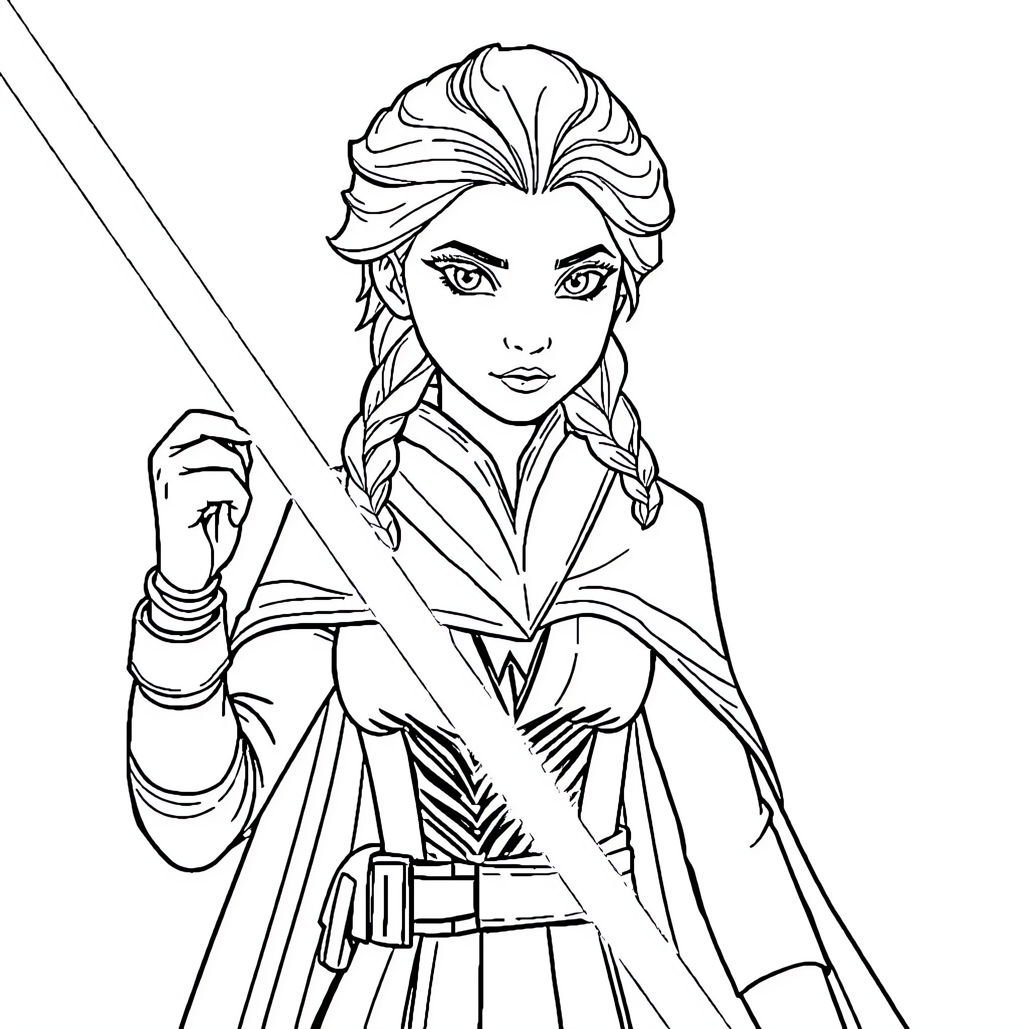 Elsa the Heroic Warrior Princess Coloring Page (free black-and-white line drawing printable PDF for all, from beginners to advanced learners, including children, teens, adults, and seniors)