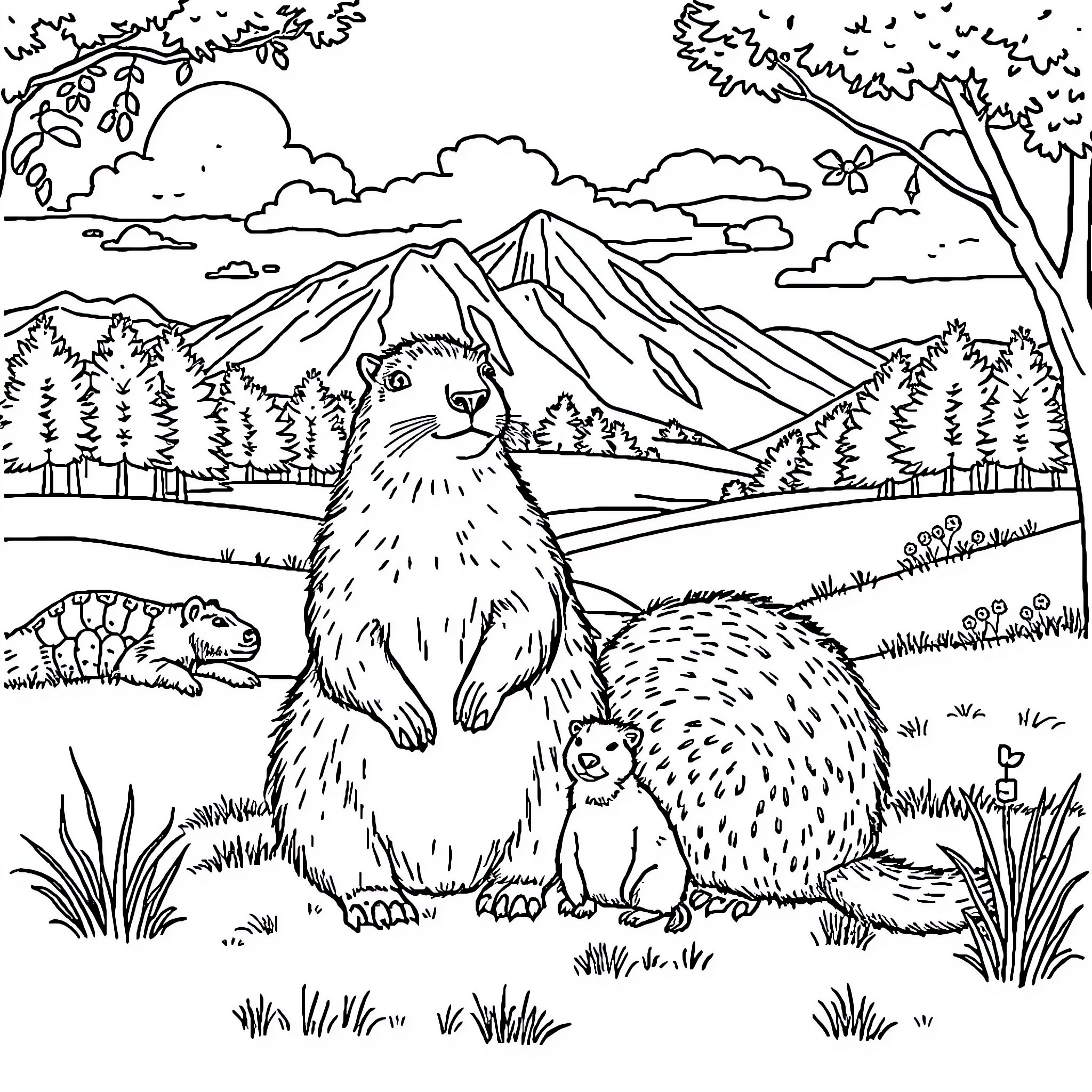 Capybara family in a mountain landscape Coloring Page (free black-and-white line drawing printable PDF for all, from beginners to advanced learners, including children, teens, adults, and seniors)