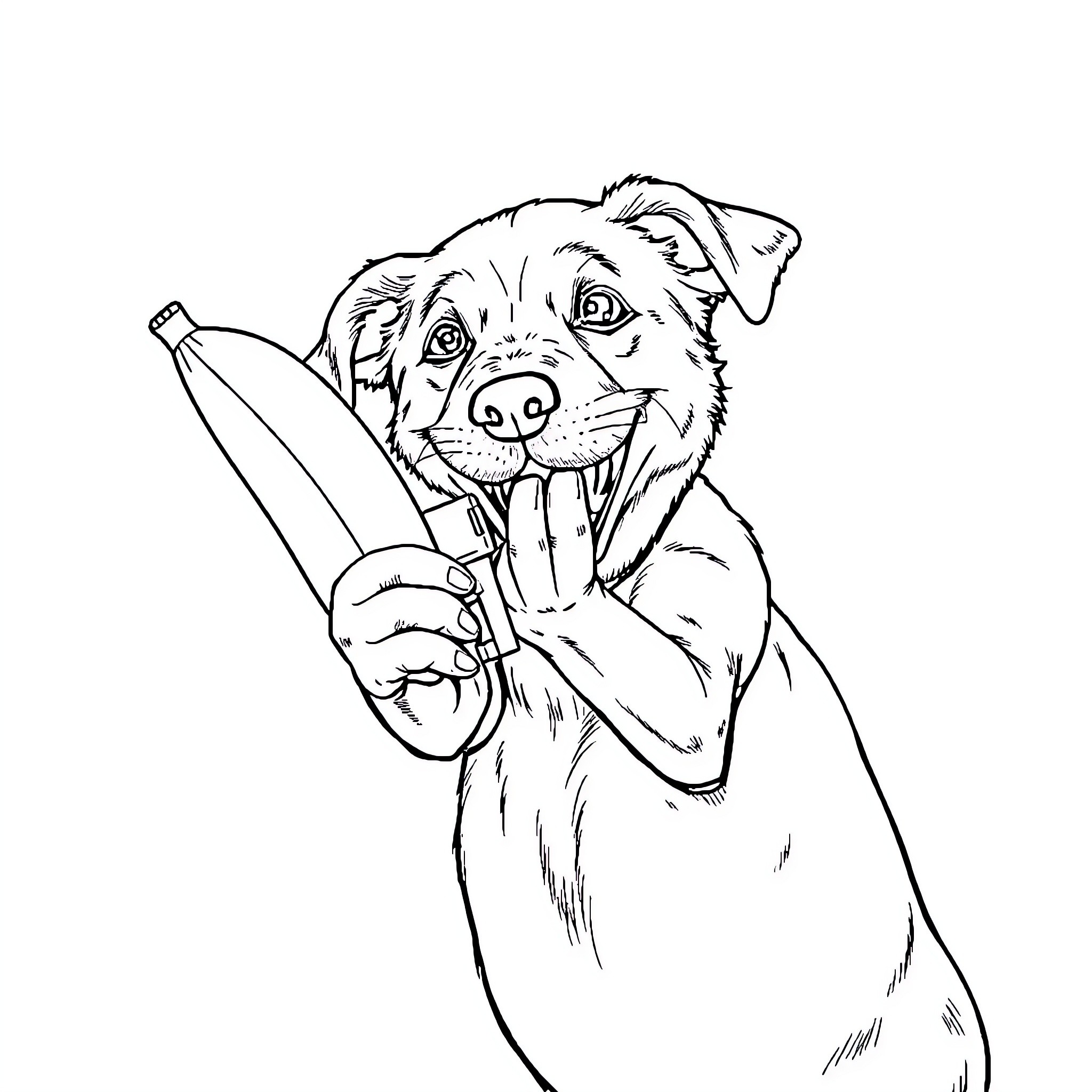 Dog happily holding a banana Coloring Page (free black-and-white line drawing printable PDF for all, from beginners to advanced learners, including children, teens, adults, and seniors)