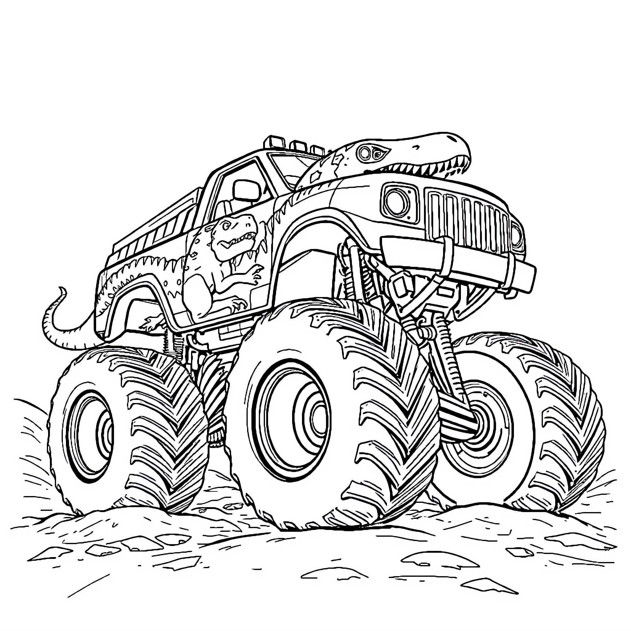 Monster Truck Crushing Rocks on the Trail Coloring Page (free black-and-white line drawing printable PDF for all, from beginners to advanced learners, including children, teens, adults, and seniors)