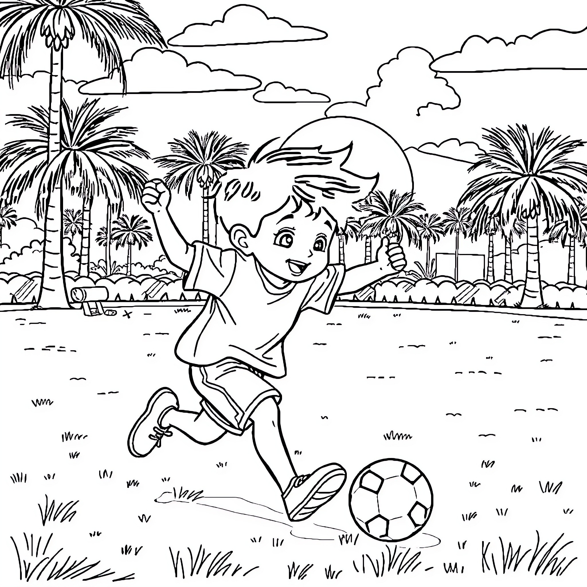 Boy kicking a soccer ball in a tropical paradise Coloring Page (free black-and-white line drawing printable PDF for all, from beginners to advanced learners, including children, teens, adults, and seniors)