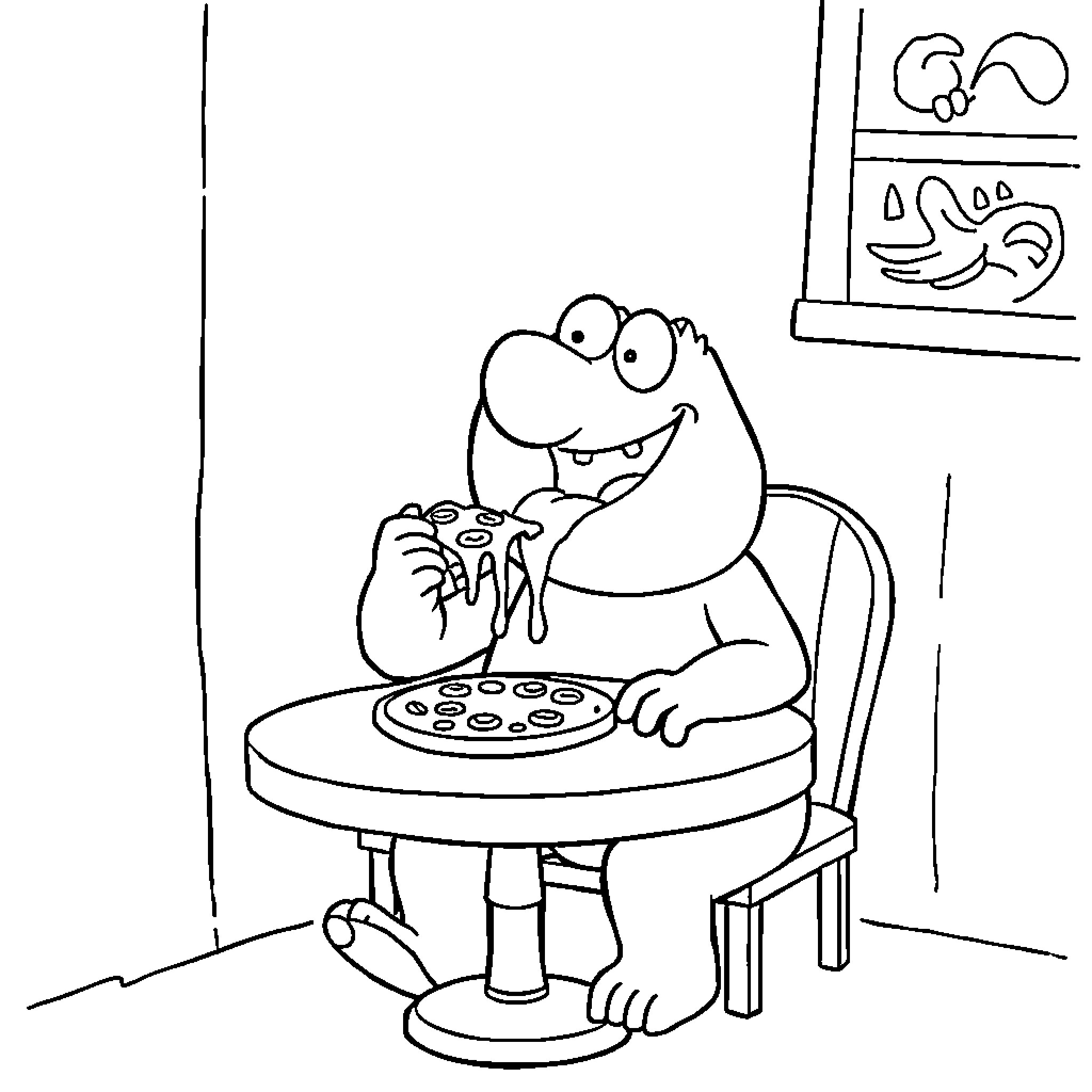 Stevie Griffin enjoys a tasty pizza meal Coloring Page (free black-and-white line drawing printable PDF for all, from beginners to advanced learners, including children, teens, adults, and seniors)