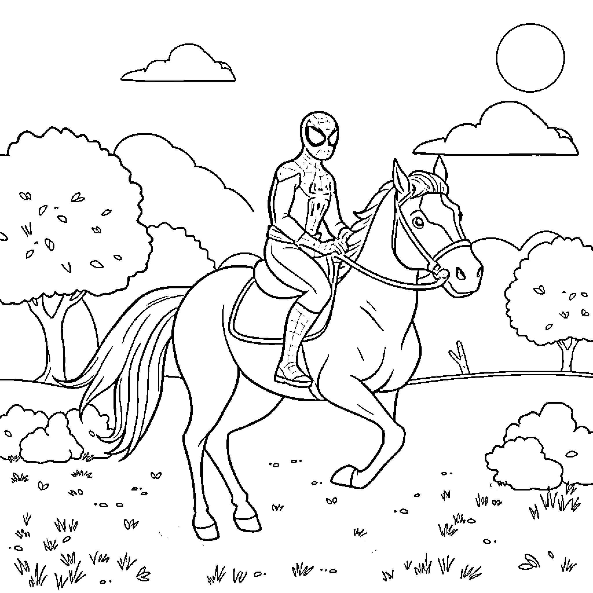 Spider-Man riding a horse in a natural setting Coloring Page (free black-and-white line drawing printable PDF for all, from beginners to advanced learners, including children, teens, adults, and seniors)