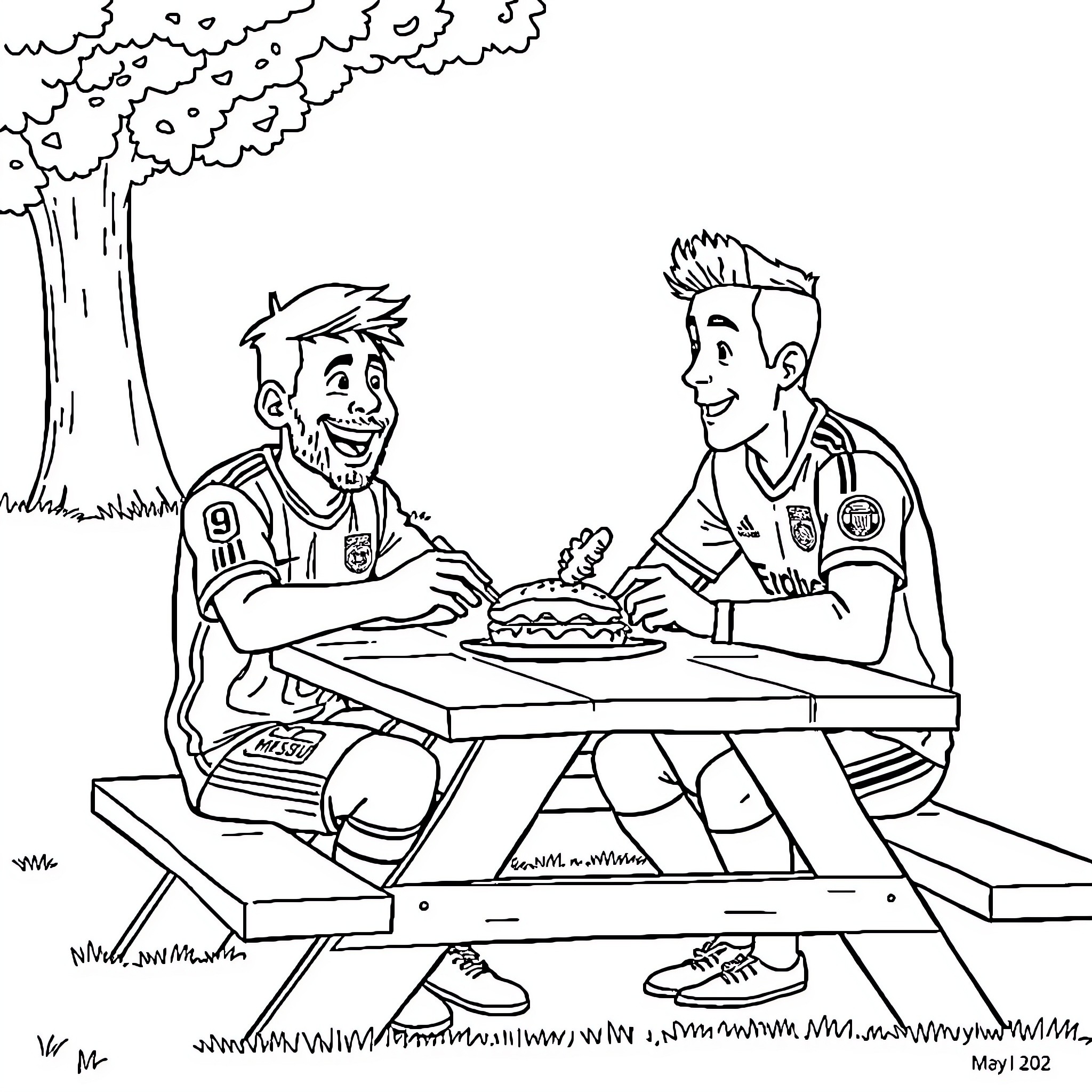 Messi and friend sharing a meal outdoors Coloring Page (free black-and-white line drawing printable PDF for all, from beginners to advanced learners, including children, teens, adults, and seniors)