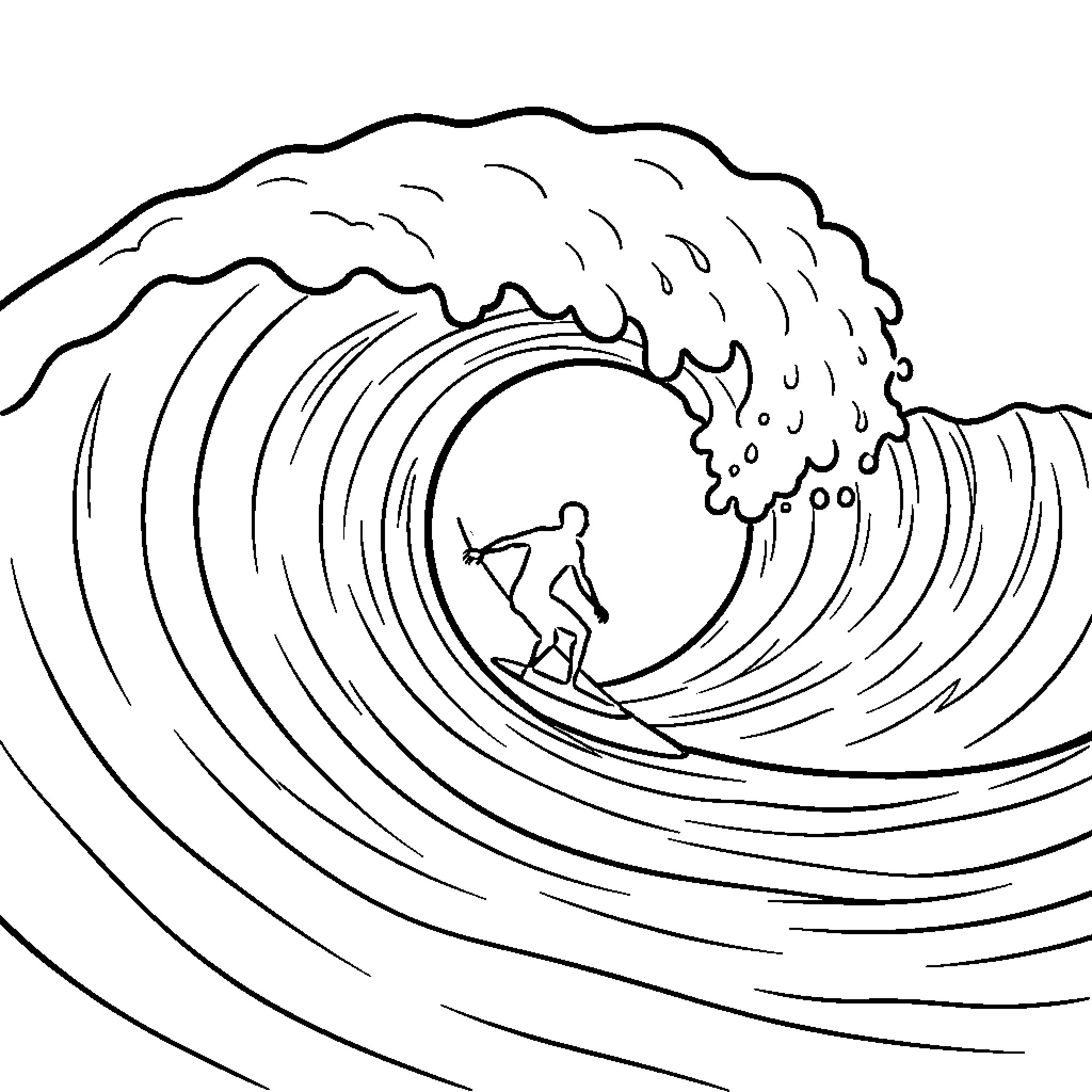 Ola surfer riding inside a large ocean wave Coloring Page (free black-and-white line drawing printable PDF for all, from beginners to advanced learners, including children, teens, adults, and seniors)
