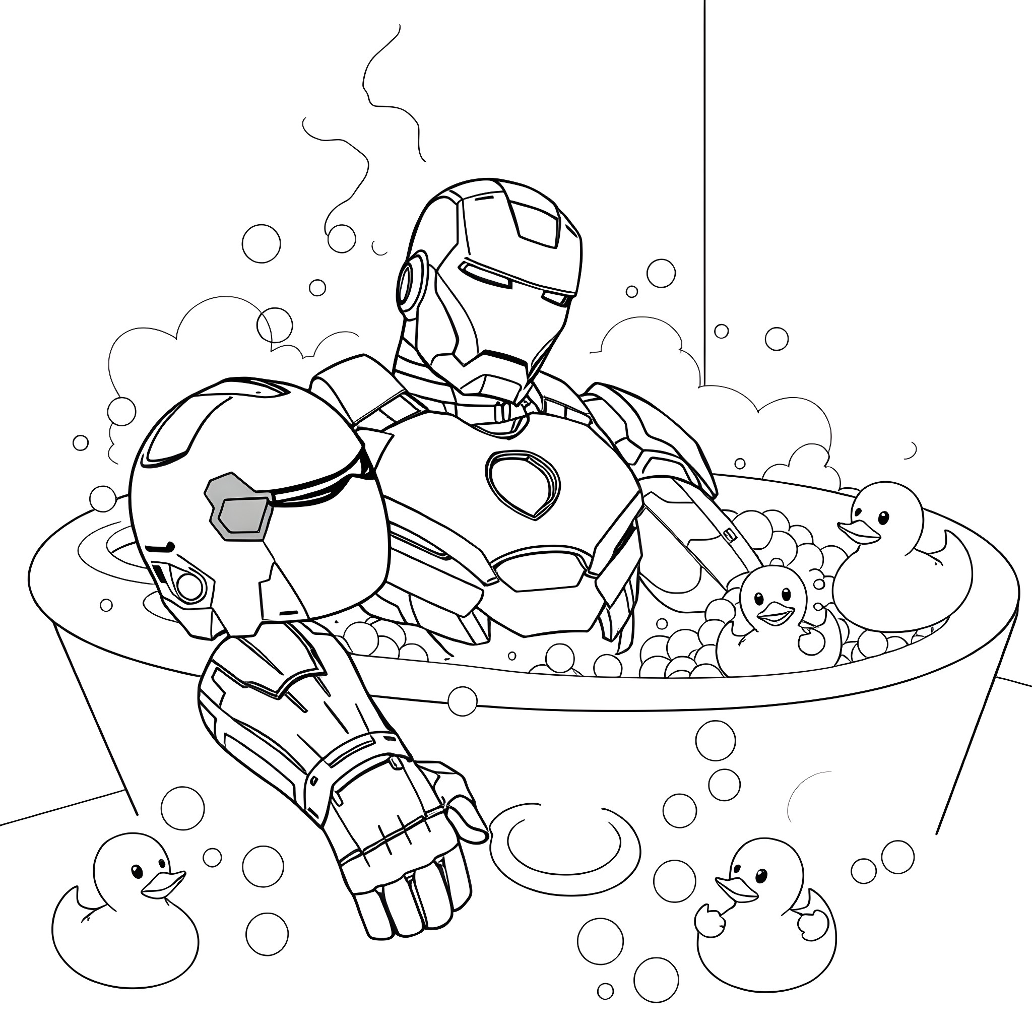Iron Man bathing with adorable ducklings in the tub Coloring Page (free black-and-white line drawing printable PDF for all, from beginners to advanced learners, including children, teens, adults, and seniors)