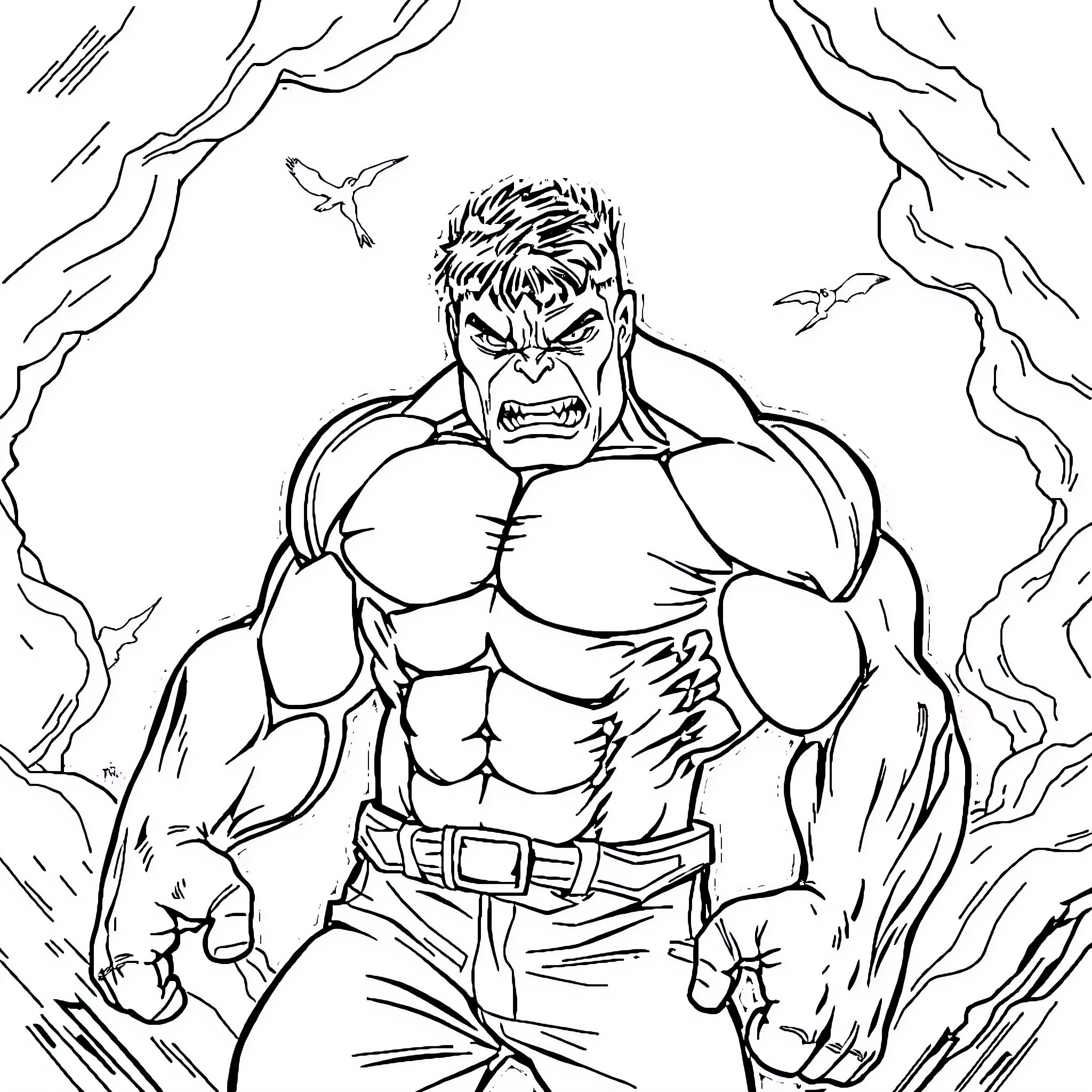 Hulk Unleashing Powerful Rage in Intense Scene Coloring Page (free black-and-white line drawing printable PDF for all, from beginners to advanced learners, including children, teens, adults, and seniors)