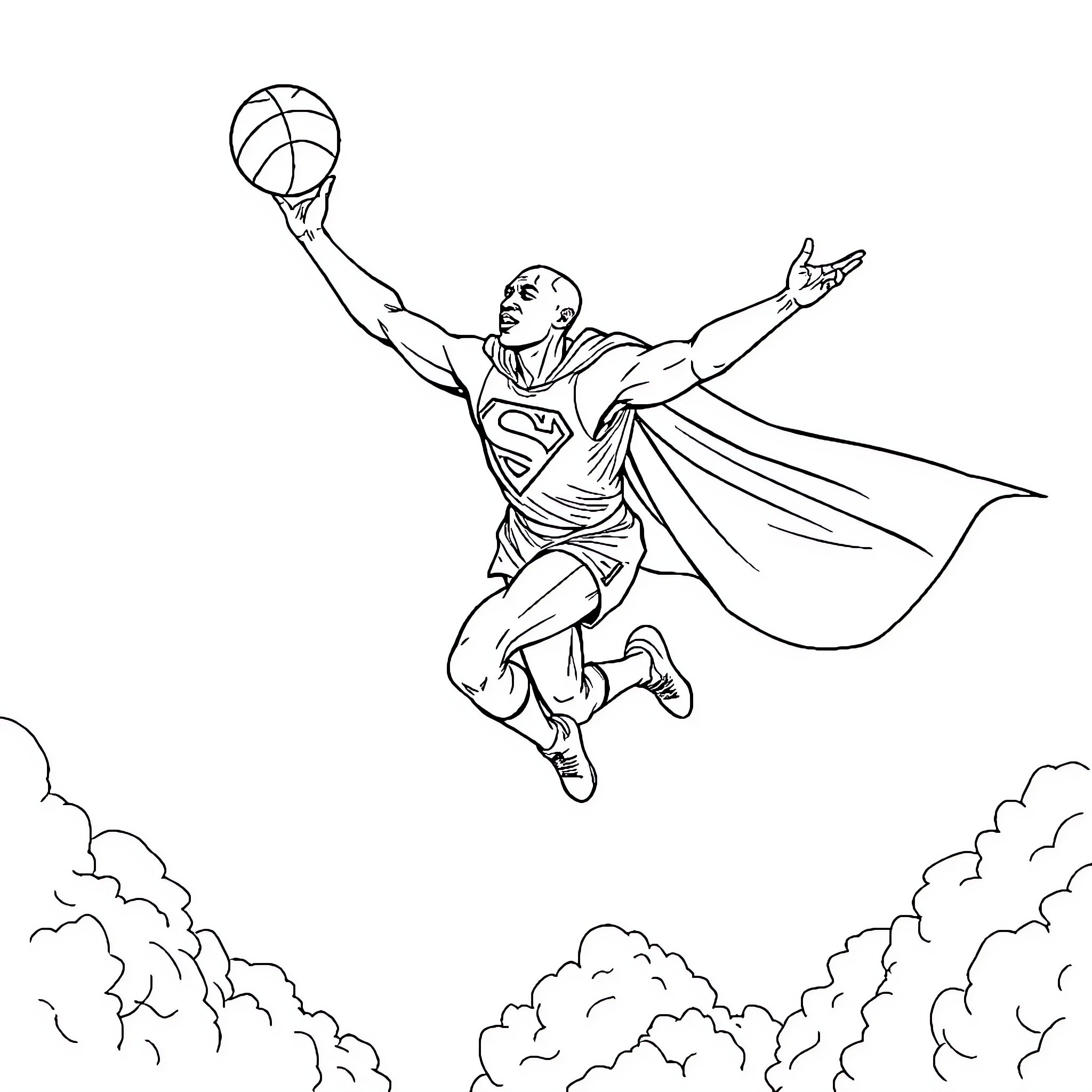 Michael Jordan soaring for a slam dunk in the clouds Coloring Page (free black-and-white line drawing printable PDF for all, from beginners to advanced learners, including children, teens, adults, and seniors)