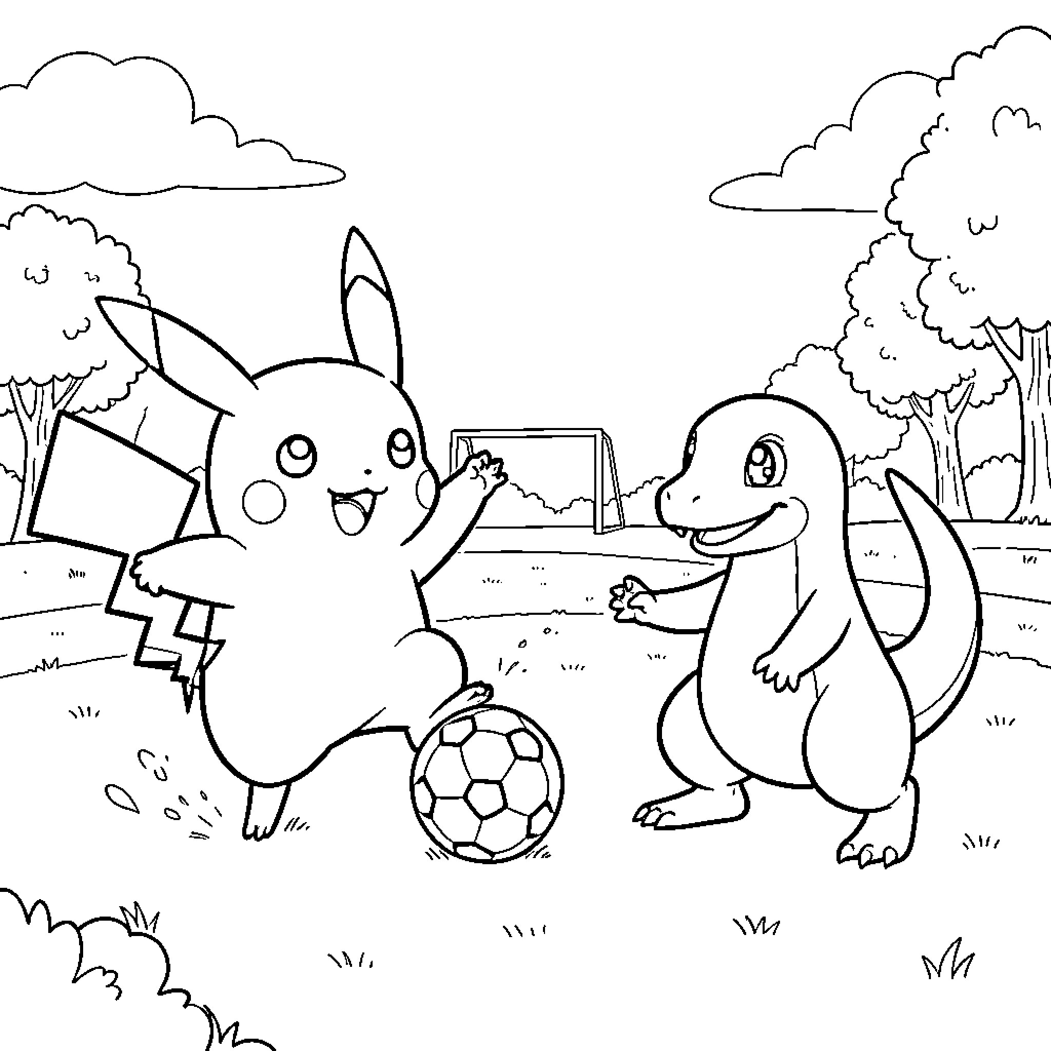 Pikachu playing soccer with Charmander in a field Coloring Page (free black-and-white line drawing printable PDF for all, from beginners to advanced learners, including children, teens, adults, and seniors)