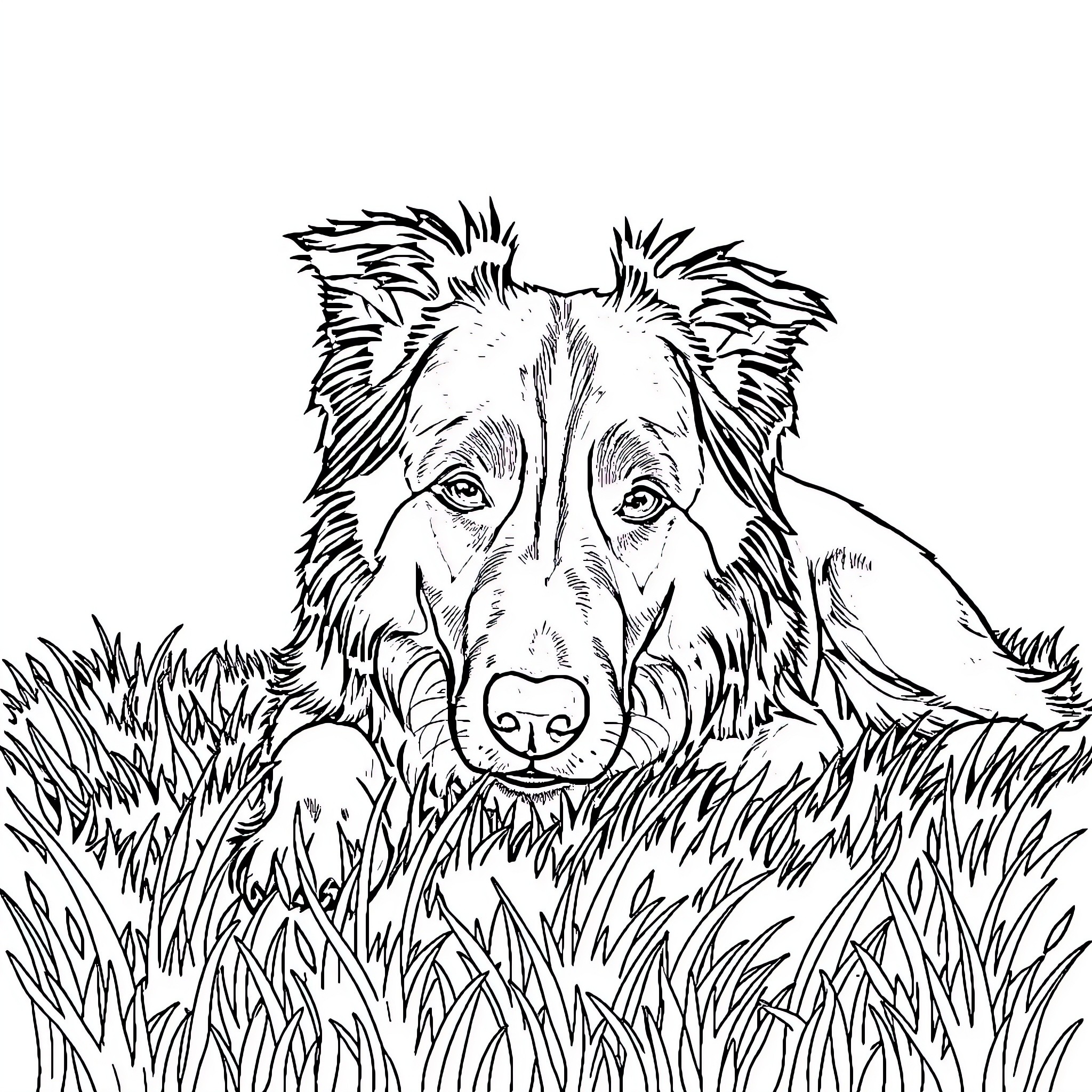 Australian Shepherd relaxing in tall grass Coloring Page (free black-and-white line drawing printable PDF for all, from beginners to advanced learners, including children, teens, adults, and seniors)