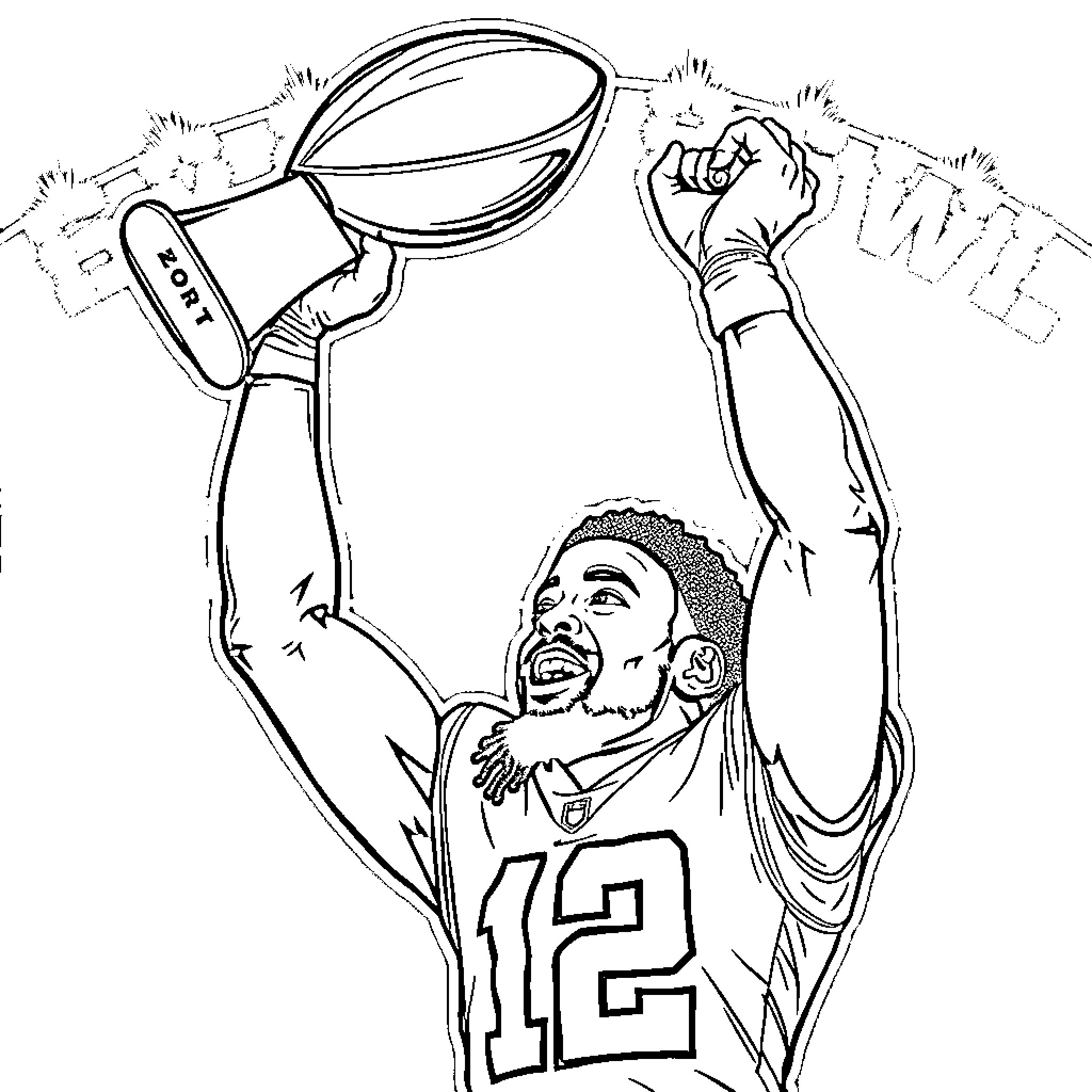 Jalen Hurts celebrating touchdown with raised arms Coloring Page (free black-and-white line drawing printable PDF for all, from beginners to advanced learners, including children, teens, adults, and seniors)