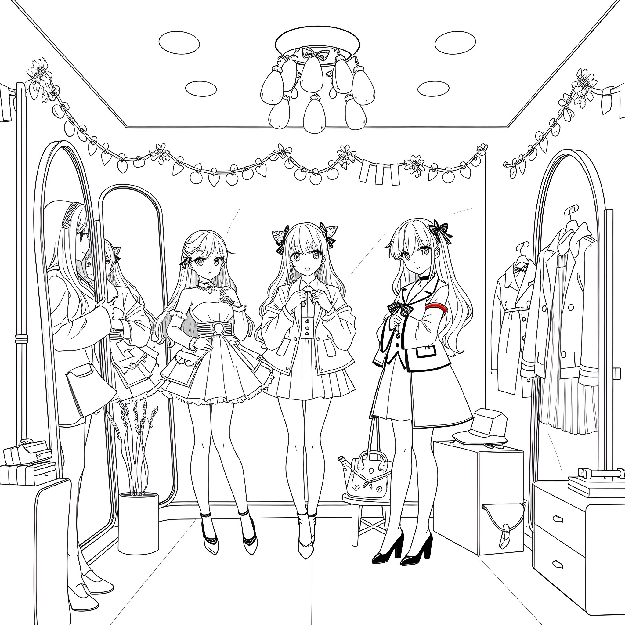 Anime Girls in Elegant Dresses Coloring Page (free black-and-white line drawing printable PDF for all, from beginners to advanced learners, including children, teens, adults, and seniors)