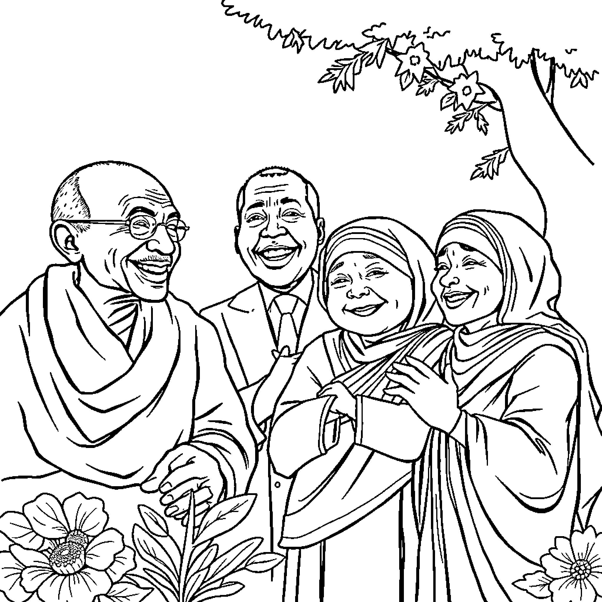 Leader interacting with diverse community members Coloring Page (free black-and-white line drawing printable PDF for all, from beginners to advanced learners, including children, teens, adults, and seniors)