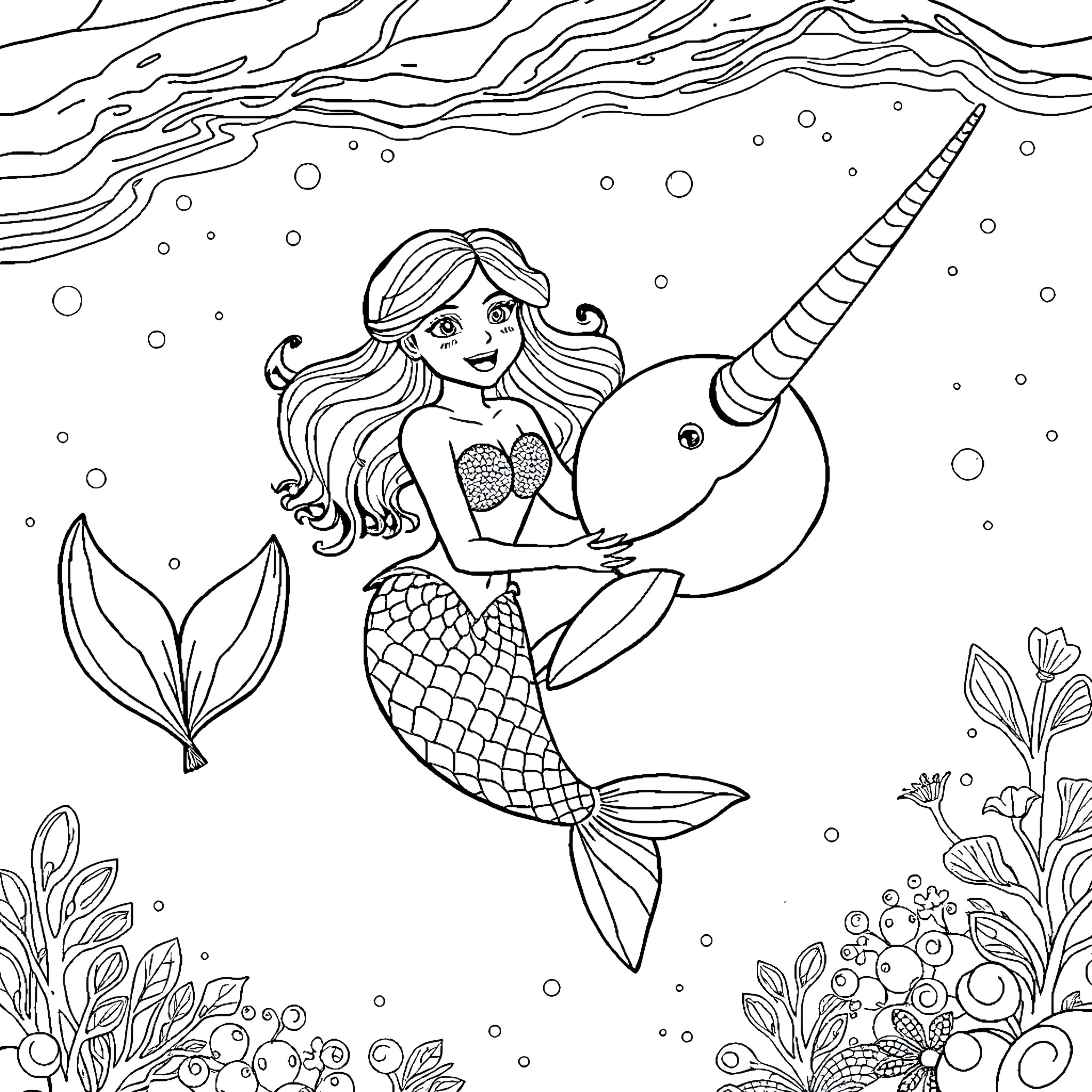Mermaid playing with mythical unicorn under the sea Coloring Page (free black-and-white line drawing printable PDF for all, from beginners to advanced learners, including children, teens, adults, and seniors)
